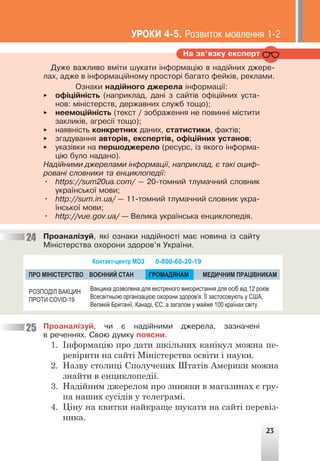 23
Äóæå âàæëèâî âì³òè øóêàòè ³íôîðìàö³þ â íàä³éíèõ äæåðå-
ëàõ, àäæå â ³íôîðìàö³éíîìó ïðîñòîð³ áàãàòî ôåéê³â, ðåêëàìè.
Îçíàêè íàä³éíîãî äæåðåëà ³íôîðìàö³¿:
► îô³ö³éí³ñòü (íàïðèêëàä, äàí³ ç ñàéò³â îô³ö³éíèõ óñòà-
íîâ: ì³í³ñòåðñòâ, äåðæàâíèõ ñëóæá òîùî);
► íååìîö³éí³ñòü (òåêñò / çîáðàæåííÿ íå ïîâèíí³ ì³ñòèòè
çàêëèê³â, àãðåñ³¿ òîùî);
► íàÿâí³ñòü êîíêðåòíèõ äàíèõ, ñòàòèñòèêè, ôàêò³â;
► çãàäóâàííÿ àâòîð³â, åêñïåðò³â, îô³ö³éíèõ óñòàíîâ;
► óêàç³âêè íà ïåðøîäæåðåëî (ðåñóðñ, ³ç ÿêîãî ³íôîðìà-
ö³þ áóëî íàäàíî).
Íàä³éíèìè äæåðåëàìè ³íôîðìàö³¿, íàïðèêëàä, º òàê³ îöèô-
ðîâàí³ ñëîâíèêè òà åíöèêëîïåä³¿:
• https://sum20ua.com/ — 20-òîìíèé òëóìà÷íèé ñëîâíèê
óêðà¿íñüêî¿ ìîâè;
• http://sum.in.ua/ — 11-òîìíèé òëóìà÷íèé ñëîâíèê óêðà-
¿íñüêî¿ ìîâè;
• http://vue.gov.ua/ — Âåëèêà óêðà¿íñüêà åíöèêëîïåä³ÿ.
Íà çâ’ÿçêó åêñïåðò
Ïðîàíàë³çóé, ÿê³ îçíàêè íàä³éíîñò³ ìàº íîâèíà ³ç ñàéòó
Ì³í³ñòåðñòâà îõîðîíè çäîðîâ’ÿ Óêðà¿íè.
Ïðîàíàë³çóé, ÷è º íàä³éíèìè äæåðåëà, çàçíà÷åí³
â ðå÷åííÿõ. Ñâîþ äóìêó ïîÿñíè.
1. Інформацію про дати шкільних канікул можна пе-
ревірити на сайті Міністерства освіти і науки.
2. Назву столиці Сполучених Штатів Америки можна
знайти в енциклопедії.
3. Надійним джерелом про знижки в магазинах є гру-
па наших сусідів у телеграмі.
4. Ціну на квитки найкраще шукати на сайті перевіз-
ника.
24
25
ÓÐÎÊÈ 4-5. Ðîçâèòîê ìîâëåííÿ 1-2
ПРО МІНІСТЕРСТВО
РОЗПОДІЛ ВАКЦИН
ПРОТИ COVID-19
Вакцина дозволена для екстреного використання для осіб від 12 років
Всесвітньою організацією охорони здоров’я. Її застосовують у США,
Великій Британії, Канаді, ЄС, а загалом у майже 100 країнах світу.
ГРОМАДЯНАМ
ВОЄННИЙ СТАН
Контакт-центр МОЗ 0-800-60-20-19
МЕДИЧНИМ ПРАЦІВНИКАМ
 