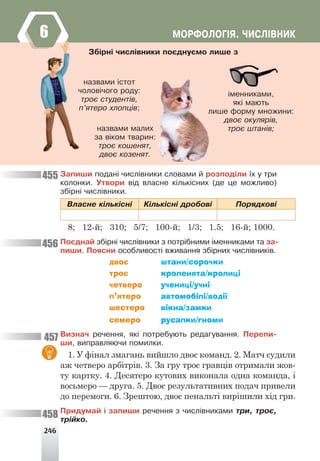246
ÌÎÐÔÎËÎÃ²ß. ×ÈÑË²ÂÍÈÊ
íàçâàìè ³ñòîò
÷îëîâ³÷îãî ðîäó:
òðîº ñòóäåíò³â,
ï’ÿòåðî õëîïö³â;
³ìåííèêàìè,
ÿê³ ìàþòü
ëèøå ôîðìó ìíîæèíè:
äâîº îêóëÿð³â,
òðîº øòàí³â;
íàçâàìè ìàëèõ
çà â³êîì òâàðèí:
òðîº êîøåíÿò,
äâîº êîçåíÿò.
ëèøå ôîðìó ìíîæèíè:
Çá³ðí³ ÷èñë³âíèêè ïîºäíóºìî ëèøå ç
Çàïèøè ïîäàí³ ÷èñë³âíèêè ñëîâàìè é ðîçïîä³ëè ¿õ ó òðè
êîëîíêè. Óòâîðè â³ä âëàñíå ê³ëüê³ñíèõ (äå öå ìîæëèâî)
çá³ðí³ ÷èñë³âíèêè.
Âëàñíå ê³ëüê³ñí³ Ê³ëüê³ñí³ äðîáîâ³ Ïîðÿäêîâ³
8; 12-й; 310; 5/7; 100-й; 1/3; 1.5; 16-й; 1000.
Ïîºäíàé çá³ðí³ ÷èñë³âíèêè ç ïîòð³áíèìè ³ìåííèêàìè òà çà-
ïèøè. Ïîÿñíè îñîáëèâîñò³ âæèâàííÿ çá³ðíèõ ÷èñë³âíèê³â.
двоє штани/сорочки
троє кроленята/кролиці
четверо учениці/учні
п’ятеро автомобілі/водії
шестеро вікна/замки
семеро русалки/гноми
Âèçíà÷ ðå÷åííÿ, ÿê³ ïîòðåáóþòü ðåäàãóâàííÿ. Ïåðåïè-
øè, âèïðàâëÿþ÷è ïîìèëêè.
1. У фінал змагань вийшло двоє команд. 2. Матч судили
аж четверо арбітрів. 3. За гру троє гравців отримали жов-
ту картку. 4. Десятеро кутових виконала одна команда, і
восьмеро — друга. 5. Двоє результативних подач привели
до перемоги. 6. Зрештою, двоє пенальті вирішили хід гри.
Ïðèäóìàé ³ çàïèøè ðå÷åííÿ ç ÷èñë³âíèêàìè òðè, òðîº,
òð³éêî.
455
456
457
458
6
 