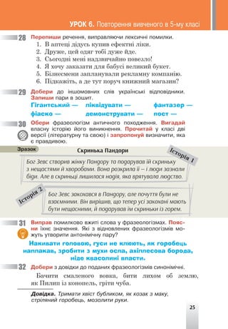 25
Бог Зевс створив жінку Пандору та подарував їй скриньку
з нещастями й хворобами. Вона розкрила її — і люди зазнали
біди. Але в скриньці лишилася надія, яка врятувала людство.
²ñòîð³ÿ 2
Бог Зевс закохався в Пандору, але почуття були не
взаємними. Він вирішив, що тепер усі закохані мають
бути нещасними, й подарував їм скриньки із горем.
Ïåðåïèøè ðå÷åííÿ, âèïðàâëÿþ÷è ëåêñè÷í³ ïîìèëêè.
1. В аптеці дідусь купив ефектні ліки.
2. Друже, цей одяг тобі дуже йде.
3. Сьогодні мені надзвичайно повезло!
4. Я хочу заказати для бабусі великий букет.
5. Бізнесмени запланували рекламну компанію.
6. Підкажіть, а де тут поруч книжний магазин?
Äîáåðè äî ³íøîìîâíèõ ñë³â óêðà¿íñüê³ â³äïîâ³äíèêè.
Çàïèøè ïàðè â çîøèò.
Гігантський — ліквідувати — фантазер —
фіаско — демонструвати — пост —
Îáåðè ôðàçåîëîã³çì àíòè÷íîãî ïîõîäæåííÿ. Âèãàäàé
âëàñíó ³ñòîð³þ éîãî âèíèêíåííÿ. Ïðî÷èòàé ó êëàñ³ äâ³
âåðñ³¿ (ë³òåðàòóðíó òà ñâîþ) ³ çàïðîïîíóé âèçíà÷èòè, ÿêà
º ïðàâäèâîþ.
28
29
30
31
32
ÓÐÎÊ 6. Ïîâòîðåííÿ âèâ÷åíîãî â 5-ìó êëàñ³
Скринька Пандори
Çðàçîê
Âèïðàâ ïîìèëêîâî âæèò³ ñëîâà ó ôðàçåîëîã³çìàõ. Ïîÿñ-
íè ¿õíº çíà÷åííÿ. ßê³ ç â³äíîâëåíèõ ôðàçåîëîã³çì³â ìî-
æóòü óòâîðèòè àíòîí³ì³÷íó ïàðó?
Накивати головою, гуси не клюють, як горобець
наплакав, зробити з мухи осла, ахіллесова борода,
ніде квасолині впасти.
Äîáåðè ç äîâ³äêè äî ïîäàíèõ ôðàçåîëîã³çì³â ñèíîí³ì³÷í³.
Бачити смаленого вовка, бити лихом об землю,
як Пилип із конопель, гріти чуба.
Äîâ³äêà. Òðèìàòè õâ³ñò áóáëèêîì, ÿê êîçàê ç ìàêó,
ñòð³ëÿíèé ãîðîáåöü, ìîçîëèòè ðóêè.
²ñòîð³ÿ 1
 