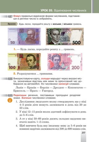 257
Îçâó÷ ïðàâèëüí³ â³äì³íêîâ³ ôîðìè ÷èñë³âíèê³â, ï³äñòàâèâ-
øè â ðåïë³êè ÷èñëà ³ç çîáðàæåíü.
Áóäü ëàñêà, ïåðåäàéòå ðåøòó ç âîñüìè / â³ñüìîõ ãðèâåíü.
Çðàçîê
487
488
489
1. — Будь ласка, передайте решту з ... гривень.
2. Розрахуватися ... гривнями.
Âèêîðèñòîâóþ÷è êàðòó, ñêëàäè ìàðøðóò ÷åðåç âêàçàí³ ì³ñ-
òà, çàçíà÷èâøè â³äñòàíü ì³æ íèìè òà îð³ºíòîâíèé ÷àñ äî-
áèðàííÿ íà àâòîìîá³ë³. Óñ³ ÷èñë³âíèêè çàïèñóé ñëîâàìè.
Львів — Краків — Берлін — Дрезден — Копенгаген —
Брюссель — Прага — Ужгород.
Ïåðåïèøè ðå÷åííÿ, ïîñòàâèâøè ïðîïóùåí³ ðîçä³ëîâ³
çíàêè. Çàïèøè ÷èñë³âíèêè ñëîâàìè.
1. Дослідники людського мозку стверджують що у віці
4–5 років діти можуть засвоювати в день від 20 до
50 слів.
2. У віці 12–15 років мозок здатний зафіксувати в день
до 5–6 слів.
3. А от у віці 50–60 років досить складно щоденно ви-
вчати навіть 1–2 слова.
4. Щоб вивчити будь-яку іноземну мову за 5–6 років ви
повинні щорічно засвоювати від 500 до 600 нових слів.
ÓÐÎÊ 89. Â³äì³íþâàííÿ ÷èñë³âíèê³â
 