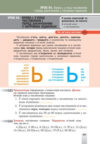 265
ÓÐÎÊ 94. ÁÓÊÂÀ Ü Ó Ê²ÍÖ²
×ÈÑË²ÂÍÈÊ²Â ²
ÏÅÐÅÄ ÇÀÊ²Í×ÅÍÍßÌ
Ó ÍÅÏÐßÌÈÕ Â²ÄÌ²ÍÊÀÕ
Ó öüîìó ïàðàãðàô³ òè
ä³çíàºøñÿ, ÿê ïèñàòè
● м’який знак
у числівниках.
Íà çâ’ÿçêó åêñïåðò
×èñë³âíèêè ï’ÿòü, ø³ñòü, äåâ’ÿòü, äåñÿòü, îäèíàä-
öÿòü — äâàäöÿòü ³ òðèäöÿòü ó íàçèâíîìó òà çíàõ³äíîìó
â³äì³íêàõ ïèøåìî ç ì’ÿêèì çíàêîì.
Ó íåïðÿìèõ â³äì³íêàõ öèõ ñàìèõ ÷èñë³âíèê³â òà â ÷èñë³â-
íèêàõ òðè, ÷îòèðè ïåðåä çàê³í÷åííÿì ïèøåìî ì’ÿêèé çíàê:
äâàäöÿòüîõ, äâàäöÿòüîì, òðüîõ, òðüîì, àëå ÷îòèðìà.
Ó ÷èñë³âíèêàõ â³ä ï’ÿòäåñÿòè äî â³ñ³ìäåñÿòè ì’ÿêèé
çíàê ïèøåìî ïåðåä çàê³í÷åííÿì ó íåïðÿìèõ â³äì³íêàõ:
ï’ÿòäåñÿòüîõ, ï’ÿòäåñÿòüîì, ï’ÿòäåñÿòüìà.
п’ят
шіст
дев’ят
десят
одинадцят
дванадцят
тринадцят
чотирнадцят
п’ятдесят
п’ятдесят
п’ятдесят
п’ятдесят
на п’ятдесят
ох
ом
ма
ома
ох
Ïðîàíàë³çóé ³íôîðìàö³þ ç êîìåíòàð³â åêñïåðòà. Äîïîâ-
íè ïðàâèëà âëàñíèìè ïðèêëàäàìè.
Ì’ÿêèé çíàê ó ÷èñë³âíèêàõ ïèøåìî:
1. У кінці окремих числівників у називному та знахід-
ному відмінках:
2. У непрямих відмінках цих самих числівників та в чис-
лівниках три, чотири перед закінченням:
3. У числівниках від 50 до 80 перед закінченням у не-
прямих відмінках:
Çàïèøè ÷èñë³âíèêè ñëîâàìè. Ï³äêðåñëè ì’ÿêèé çíàê
òàì, äå â³í º.
4 (Ор.в.), 5 (Н.в.), 6 (Д.в.), 10 (М.в.), 11 (Р.в.), 13 (Д.в.),
15 (Зн.в.), 50 (Ор.в.), 60 (Д.в.), 70 (Р.в.), 80 (Н.в.).
503
504
ÓÐÎÊ 94. Áóêâà ü ó ê³íö³ ÷èñë³âíèê³â
³ ïåðåä çàê³í÷åííÿì ó íåïðÿìèõ â³äì³íêàõ
 