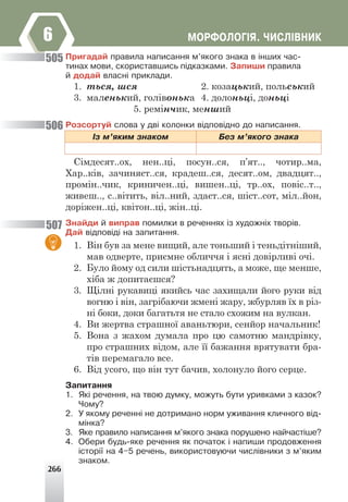 266
ÌÎÐÔÎËÎÃ²ß. ×ÈÑË²ÂÍÈÊ
6
Ïðèãàäàé ïðàâèëà íàïèñàííÿ ì’ÿêîãî çíàêà â ³íøèõ ÷àñ-
òèíàõ ìîâè, ñêîðèñòàâøèñü ï³äêàçêàìè. Çàïèøè ïðàâèëà
é äîäàé âëàñí³ ïðèêëàäè.
1. ться, шся 2. козацький, польський
3. маленький, голівонька 4. долоньці, доньці
5. ремінчик, менший
Ðîçñîðòóé ñëîâà ó äâ³ êîëîíêè â³äïîâ³äíî äî íàïèñàííÿ.
²ç ì’ÿêèì çíàêîì Áåç ì’ÿêîãî çíàêà
Сімдесят..ох, нен..ці, посун..ся, п’ят.., чотир..ма,
Хар..ків, зачиняєт..ся, крадеш..ся, десят..ом, двадцят..,
промін..чик, криничен..ці, вишен..ці, тр..ох, повіс..т..,
живеш.., с..вітить, віл..ний, здаєт..ся, шіст..сот, міл..йон,
доріжен..ці, квітон..ці, жін..ці.
Çíàéäè é âèïðàâ ïîìèëêè â ðå÷åííÿõ ³ç õóäîæí³õ òâîð³â.
Äàé â³äïîâ³ä³ íà çàïèòàííÿ.
1. Він був за мене вищий, але тоньший і теньдітніший,
мав одверте, приємне обличчя і ясні довірливі очі.
2. Було йому од сили шістьнадцять, а може, ще менше,
хіба ж допитаєшся?
3. Щілні рукавиці якийсь час захищали його руки від
вогню і він, загрібаючи жмені жару, жбурляв їх в різ-
ні боки, доки багатьтя не стало схожим на вулкан.
4. Ви жертва страшної аваньтюри, сенйор начальник!
5. Вона з жахом думала про цю самотню мандрівку,
про страшних відом, але її бажання врятувати бра-
тів перемагало все.
6. Від усого, що він тут бачив, холонуло його серце.
Çàïèòàííÿ
1. ßê³ ðå÷åííÿ, íà òâîþ äóìêó, ìîæóòü áóòè óðèâêàìè ç êàçîê?
×îìó?
2. Ó ÿêîìó ðå÷åíí³ íå äîòðèìàíî íîðì óæèâàííÿ êëè÷íîãî â³ä-
ì³íêà?
3. ßêå ïðàâèëî íàïèñàííÿ ì’ÿêîãî çíàêà ïîðóøåíî íàé÷àñò³øå?
4. Îáåðè áóäü-ÿêå ðå÷åííÿ ÿê ïî÷àòîê ³ íàïèøè ïðîäîâæåííÿ
³ñòîð³¿ íà 4–5 ðå÷åíü, âèêîðèñòîâóþ÷è ÷èñë³âíèêè ç ì’ÿêèì
çíàêîì.
505
506
507
 