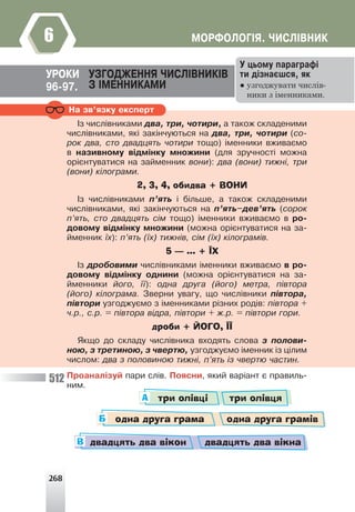 268
ÌÎÐÔÎËÎÃ²ß. ×ÈÑË²ÂÍÈÊ
6
Íà çâ’ÿçêó åêñïåðò
²ç ÷èñë³âíèêàìè äâà, òðè, ÷îòèðè, à òàêîæ ñêëàäåíèìè
÷èñë³âíèêàìè, ÿê³ çàê³í÷óþòüñÿ íà äâà, òðè, ÷îòèðè (ñî-
ðîê äâà, ñòî äâàäöÿòü ÷îòèðè òîùî) ³ìåííèêè âæèâàºìî
â íàçèâíîìó â³äì³íêó ìíîæèíè (äëÿ çðó÷íîñò³ ìîæíà
îð³ºíòóâàòèñÿ íà çàéìåííèê âîíè): äâà (âîíè) òèæí³, òðè
(âîíè) ê³ëîãðàìè.
2, 3, 4, обидва + ВОНИ
²ç ÷èñë³âíèêàìè ï’ÿòü ³ á³ëüøå, à òàêîæ ñêëàäåíèìè
÷èñë³âíèêàìè, ÿê³ çàê³í÷óþòüñÿ íà ï’ÿòü–äåâ’ÿòü (ñîðîê
ï’ÿòü, ñòî äâàäöÿòü ñ³ì òîùî) ³ìåííèêè âæèâàºìî â ðî-
äîâîìó â³äì³íêó ìíîæèíè (ìîæíà îð³ºíòóâàòèñÿ íà çà-
éìåííèê ¿õ): ï’ÿòü (¿õ) òèæí³â, ñ³ì (¿õ) ê³ëîãðàì³â.
5 — … + ЇХ
²ç äðîáîâèìè ÷èñë³âíèêàìè ³ìåííèêè âæèâàºìî â ðî-
äîâîìó â³äì³íêó îäíèíè (ìîæíà îð³ºíòóâàòèñÿ íà çà-
éìåííèêè éîãî, ¿¿): îäíà äðóãà (éîãî) ìåòðà, ï³âòîðà
(éîãî) ê³ëîãðàìà. Çâåðíè óâàãó, ùî ÷èñë³âíèêè ï³âòîðà,
ï³âòîðè óçãîäæóºìî ç ³ìåííèêàìè ð³çíèõ ðîä³â: ï³âòîðà +
÷.ð., ñ.ð. = ï³âòîðà â³äðà, ï³âòîðè + æ.ð. = ï³âòîðè ãîðè.
дроби + ЙОГО, ЇЇ
ßêùî äî ñêëàäó ÷èñë³âíèêà âõîäÿòü ñëîâà ç ïîëîâè-
íîþ, ç òðåòèíîþ, ç ÷âåðòþ, óçãîäæóºìî ³ìåííèê ³ç ö³ëèì
÷èñëîì: äâà ç ïîëîâèíîþ òèæí³, ï’ÿòü ³ç ÷âåðòþ ÷àñòèí.
Ïðîàíàë³çóé ïàðè ñë³â. Ïîÿñíè, ÿêèé âàð³àíò º ïðàâèëü-
íèì.
три олівці три олівця
одна друга грама одна друга грамів
А
Б
двадцять два вікон двадцять два вікна
В
ÓÐÎÊÈ ÓÇÃÎÄÆÅÍÍß ×ÈÑË²ÂÍÈÊ²Â
Ç ²ÌÅÍÍÈÊÀÌÈ
96-97.
Ó öüîìó ïàðàãðàô³
òè ä³çíàºøñÿ, ÿê
● узгоджувати числів-
ники з іменниками.
512
 