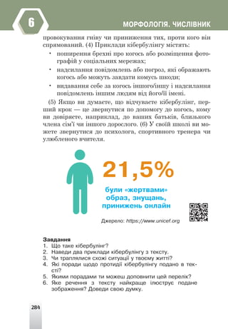 284
ÌÎÐÔÎËÎÃ²ß. ×ÈÑË²ÂÍÈÊ
6
провокування гніву чи приниження тих, проти кого він
спрямований. (4) Приклади кібербулінгу містять:
• поширення брехні про когось або розміщення фото-
графій у соціальних мережах;
• надсилання повідомлень або погроз, які ображають
когось або можуть завдати комусь шкоди;
• видавання себе за когось іншого/іншу і надсилання
повідомлень іншим людям від його/її імені.
(5) Якщо ви думаєте, що відчуваєте кібербулінг, пер-
ший крок — це звернутися по допомогу до когось, кому
ви довіряєте, наприклад, до ваших батьків, близького
члена сім’ї чи іншого дорослого. (6) У своїй школі ви мо-
жете звернутися до психолога, спортивного тренера чи
улюбленого вчителя.
Äæåðåëî: https://www.unicef.org
Çàâäàííÿ
1. Ùî òàêå ê³áåðáóë³íã?
2. Íàâåäè äâà ïðèêëàäè ê³áåðáóë³íãó ç òåêñòó.
3. ×è òðàïëÿëèñÿ ñõîæ³ ñèòóàö³¿ ó òâîºìó æèòò³?
4. ßê³ ïîðàäè ùîäî ïðîòèä³¿ ê³áåðáóë³íãó ïîäàíî â òåê-
ñò³?
5. ßêèìè ïîðàäàìè òè ìîæåø äîïîâíèòè öåé ïåðåë³ê?
6. ßêå ðå÷åííÿ ç òåêñòó íàéêðàùå ³ëþñòðóº ïîäàíå
çîáðàæåííÿ? Äîâåäè ñâîþ äóìêó.
21,5%
áóëè «æåðòâàìè»
îáðàç, çíóùàíü,
ïðèíèæåíü îíëàéí
 