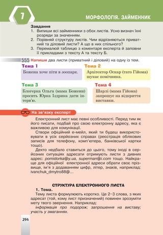 ÌÎÐÔÎËÎÃ²ß. ÇÀÉÌÅÍÍÈÊ
Çàâäàííÿ
1. Âèïèøè âñ³ çàéìåííèêè ç îáîõ ëèñò³â. Óñíî âèçíà÷ ¿õí³
ðîçðÿäè çà çíà÷åííÿì.
2. Ïîð³âíÿé ñòðóêòóðó ëèñò³â. ×èì â³äð³çíÿþòüñÿ ïðèâàò-
íèé òà ä³ëîâèé ëèñòè? À ùî â íèõ ñï³ëüíîãî?
3. Ïåðåìàëþé òàáëèöþ ç êîìåíòàðÿ åêñïåðòà é çàïîâíè
¿¿ ïðèêëàäàìè ç òåêñòó À òà òåêñòó Á.
Íàïèøè äâà ëèñòè (ïðèâàòíèé ³ ä³ëîâèé) íà îäíó ³ç òåì.
Божена хоче піти в зоопарк.
Тема 1
Архітектор Оскар (тато Гійома)
шукає помічника.
Тема 2
Блогерка Ольга (мама Божени)
просить Юрка Іздрика дати ін-
терв’ю.
Тема 3
Шарлі (мама Гійома)
запрошує на відкриття
виставки.
Тема 4
Íà çâ’ÿçêó åêñïåðò
Åëåêòðîííèé ëèñò ìàº ïåâí³ îñîáëèâîñò³. Ïåðåä òèì ÿê
éîãî ïèñàòè, ïîäáàé ïðî ñâîþ åëåêòðîííó àäðåñó, ÿêà º
âàæëèâîþ äëÿ êîìóí³êàö³¿.
Ñòâîðè îô³ö³éíèé å-ìåéë, ÿêèé òè áóäåø âèêîðèñòî-
âóâàòè â óñ³õ ñåðéîçíèõ ñïðàâàõ (ðåºñòðàö³ÿ îáë³êîâèõ
çàïèñ³â äëÿ òåëåôîíó, êîìï’þòåðà, áàíê³âñüêî¿ êàðòêè
òîùî).
Äåõòî íåäáàëî ñòàâèòüñÿ äî öüîãî, òîìó ³íîä³ â ñåð-
éîçíèõ ñèòóàö³ÿõ àäðåñàòè îòðèìóþòü ëèñòè ç äèâíèõ
àäðåñ: pomidorka@y.ua, superman@i.com òîùî. Íàéêðà-
ùå äëÿ îô³ö³éíî¿ åëåêòðîííî¿ àäðåñè îáðàòè ñâîº ïð³ç-
âèùå, ³ì’ÿ ç äîäàâàííÿì öèôð, ë³òåð, çíàê³â, íàïðèêëàä:
ivanchuk_dmytro88@...
СТРУКТУРА ЕЛЕКТРОННОГО ЛИСТА
1. Òåìà.
Òåìó ëèñòà ôîðìóëþþòü êîðîòêî. Öå 2–3 ñëîâà, ç ÿêèõ
àäðåñàò (òîé, êîìó ëèñò ïðèçíà÷åíèé) ïîâèíåí çðîçóì³òè
ìåòó òâîãî çâåðíåííÿ. Íàïðèêëàä:
³íôîðìàö³ÿ ïðî ïîäîðîæ; çàïðîøåííÿ íà âèñòàâó;
ó÷àñòü ó çìàãàííÿõ.
294
555
7
 