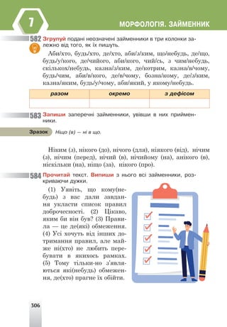 306
ÌÎÐÔÎËÎÃ²ß. ÇÀÉÌÅÍÍÈÊ
7
Çãðóïóé ïîäàí³ íåîçíà÷åí³ çàéìåííèêè â òðè êîëîíêè çà-
ëåæíî â³ä òîãî, ÿê ¿õ ïèøóòü.
Аби/хто, будь/хто, де/хто, аби/з/ким, що/небудь, де/що,
будь/у/кого, де/чийого, аби/кого, чий/сь, з чим/небудь,
скількох/небудь, казна/з/ким, де/котрим, казна/в/чому,
будь/чим, аби/в/кого, де/в/чому, бозна/кому, де/з/ким,
казна/яким, будь/у/чому, аби/який, у якому/небудь.
ðàçîì îêðåìî ç äåô³ñîì
Çàïèøè çàïåðå÷í³ çàéìåííèêè, óâ³âøè â íèõ ïðèéìåí-
íèêè.
Ніким (з), нікого (до), нічого (для), ніякого (від), нічим
(з), нічим (перед), нічий (в), нічийому (на), анікого (в),
ніскільки (на), ніщо (за), нікого (про).
Ïðî÷èòàé òåêñò. Âèïèøè ç íüîãî âñ³ çàéìåííèêè, ðîç-
êðèâàþ÷è äóæêè.
(1) Уявіть, що кому(не-
будь) з вас дали завдан-
ня укласти список правил
доброчесності. (2) Цікаво,
яким би він був? (3) Прави-
ла — це де(які) обмеження.
(4) Усі хочуть від інших до-
тримання правил, але май-
же ні(хто) не любить пере-
бувати в якихось рамках.
(5) Тому тільки-но з’явля-
ються які(небудь) обмежен-
ня, де(хто) прагне їх обійти.
582
583
584
Í³ùî (â) — í³ â ùî.
Çðàçîê
 