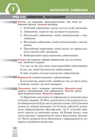 312
ÌÎÐÔÎËÎÃ²ß. ÇÀÉÌÅÍÍÈÊ
7
Âèçíà÷ çà ïîäàíèìè õàðàêòåðèñòèêàìè, ïðî ÿêèé çà-
éìåííèê ³äåòüñÿ. Çàïèøè â³äïîâ³ä³.
1. Особовий займенник, вказує на 2-гу особу множини.
2. Займенник, який не має називного відмінка.
3. Питальний займенник, який співвідносний з чис-
лівником.
4. Вказівний займенник, який співвідносний з числів-
ником.
5. Присвійний займенник, який вказує на приналеж-
ність третій особі множини.
6. Найкоротший серед відносних займенників.
Óòâîðè â³ä ïîäàíèõ íàáîð³â çàéìåííèê³â ³íø³ çà çíà÷åí-
íÿì, çàçíà÷åí³ â äóæêàõ.
1) я, ми, ти, ви, він, вона, вони (присвійні займенники);
2) хто, що, який (неозначені займенники);
3) чий, котрий, скільки (заперечні займенники).
Â³äðåäàãóé ñëîâîñïîëó÷åííÿ ç çàéìåííèêàìè.
Їх велосипеди, дякую тебе, прийшла з їм, до чиєго дому,
у твойому зошиті, від цего повороту.
Ïåðåïèøè òåêñò, óñóâàþ÷è òàâòîëîã³þ. Âèêîðèñòîâóé
çàì³ñòü ïîâòîðþâàíèõ ñë³â çàéìåííèêè. Ïîñòàâ ïðîïó-
ùåí³ ðîçä³ëîâ³ çíàêè. Âèêîíàé çàâäàííÿ.
(1) Критичне ставлення до інформації це важлива риса
сучасної людини. (2) Мета критичного ставлення ретель-
но обмірковувати будь-які судження думки. (3) Судження
думки не завжди правдиві. (4) Сучасна дійсність напов-
нена інформаційним «фастфудом». (5) У сучасній дійс-
ності звикли до миттєвих новин. (6) Новин багато тому
читач ризикує «проковтнути» якусь фальшивку брехню.
(7) Читач повинен бути обережним з інформацією не до-
віряти сумнівним джерелам.
ÓÐÎÊ 119. ÇÀÉÌÅÍÍÈÊ. ÓÇÀÃÀËÜÍÅÍÍß
592
593
594
595
 