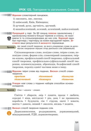321
Öå òàêèé ñïîñ³á òâîðåííÿ, çà ÿêîãî óòâîðþºìî ñëîâà çà äîïî-
ìîãîþ ïîºäíàííÿ ïåðøèõ ë³òåð äåê³ëüêîõ ñë³â (àáðåâ³àö³ÿ).
Çðàçîê
Ñ³íî + êîñèòè – ñ³íîê³ñ.
Çðàçîê
Â³äíîâè ñëîâîòâ³ðíèé ëàíöþæîê.
1) лисенята, лис, лисеня;
2) київський, Київ, Київщина;
3) ручний, рука, зручність, зручний;
4) якнайзеленіший, зелений, зеленіший, найзеленіший.
Ïîïðàöþé ó ïàð³. Çà 60 ñåêóíä ïîÿñíè îäíîêëàñíèêó /
îäíîêëàñíèö³ ÿêîìîãà á³ëüøå òåðì³í³â ç³ ñïèñêó, íå íàçè-
âàþ÷è ¿õ òà ñï³ëüíîêîðåíåâèõ äî íèõ ñë³â. Çàðàõóé îäèí
áàë ïàðòíåðó / ïàðòíåðö³ çà êîæåí â³äãàäàíèé òåðì³í. Ç³-
ñòàâòå âàø³ ðåçóëüòàòè é âèçíà÷òå ïåðåìîæöÿ.
Спільнокореневе слово, похідне слово, твірне слово, не-
похідне слово, форми слів, словотвірний ланцюжок, твір-
на основа, префіксальний спосіб творення, суфіксальний
спосіб творення, префіксально-суфіксальний спосіб тво-
рення, основоскладання, абревіація, безафіксний спосіб
творення, перехід однієї частини мови в іншу.
Â³äíîâè òâ³ðí³ ñëîâà â³ä ïîäàíèõ. Âèçíà÷ ñïîñ³á ñëîâî-
òâîðåííÿ.
пролісок лісниковий лісництво
лісостеповий лісосмуга лісовичок
Óòâîðè íîâ³ ñëîâà ç ïîäàíèõ íàáîð³â ñïîñîáîì îñíîâî-
ñêëàäàííÿ.
Сміття + збирати, звір + ловити, праця + любити,
середні + віки, шістдесят + рік, дощ + не проникати,
корабель + будувати, сім + струни, овочі + ховати,
життя + давати, свіжий + змолоти, місяць + ходити.
Âèçíà÷ ñïîñ³á òâîðåííÿ ïîäàíèõ ñë³â.
Держзамовлення, роздержавити, державницький,
міждержавний, РДБ, державотворник.
608
607
609
610
611
ÓÐÎÊ 123. Ïîâòîðåííÿ òà óçàãàëüíåííÿ. Ñëîâîòâ³ð
 