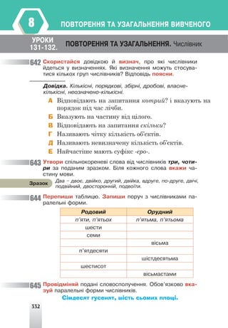 332
ÏÎÂÒÎÐÅÍÍß ÒÀ ÓÇÀÃÀËÜÍÅÍÍß ÂÈÂ×ÅÍÎÃÎ
8
Ñêîðèñòàéñÿ äîâ³äêîþ é âèçíà÷, ïðî ÿê³ ÷èñë³âíèêè
éäåòüñÿ ó âèçíà÷åííÿõ. ßê³ âèçíà÷åííÿ ìîæóòü ñòîñóâà-
òèñÿ ê³ëüêîõ ãðóï ÷èñë³âíèê³â? Â³äïîâ³äü ïîÿñíè.
Äîâ³äêà. Ê³ëüê³ñí³, ïîðÿäêîâ³, çá³ðí³, äðîáîâ³, âëàñíå-
ê³ëüê³ñí³, íåîçíà÷åíî-ê³ëüê³ñí³.
А Відповідають на запитання котрий? і вказують на
порядок під час лічби.
Б Вказують на частину від цілого.
В Відповідають на запитання скільки?
Г Називають чітку кількість об’єктів.
Д Називають невизначену кількість об’єктів.
Е Найчастіше мають суфікс -еро-.
Óòâîðè ñï³ëüíîêîðåíåâ³ ñëîâà â³ä ÷èñë³âíèê³â òðè, ÷îòè-
ðè çà ïîäàíèì çðàçêîì. Á³ëÿ êîæíîãî ñëîâà âêàæè ÷à-
ñòèíó ìîâè.
Ïåðåïèøè òàáëèöþ. Çàïèøè ïîðó÷ ç ÷èñë³âíèêàìè ïà-
ðàëåëüí³ ôîðìè.
Ðîäîâèé Îðóäíèé
ï’ÿòè, ï’ÿòüîõ ï’ÿòüìà, ï’ÿòüîìà
øåñòè
ñåìè
â³ñüìà
ï’ÿòäåñÿòè
ø³ñòäåñÿòüìà
øåñòèñîò
â³ñüìàñòàìè
Ïðîâ³äì³íÿé ïîäàí³ ñëîâîñïîëó÷åííÿ. Îáîâ’ÿçêîâî âêà-
çóé ïàðàëåëüí³ ôîðìè ÷èñë³âíèê³â.
Сімдесят гусенят, шість сьомих площі.
ÓÐÎÊÈ
ÏÎÂÒÎÐÅÍÍß ÒÀ ÓÇÀÃÀËÜÍÅÍÍß. ×èñë³âíèê
131-132.
642
643
644
645
Äâà – äâîº, äâ³éêî, äðóãèé, äâ³éêà, âäðóãå, ïî-äðóãå, äâ³÷³,
ïîäâ³éíèé, äâîñòîðîíí³é, ïîäâî¿òè.
Çðàçîê
 