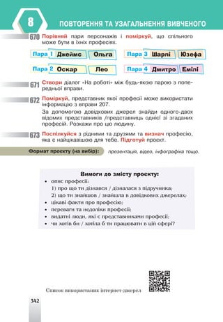 342
ÏÎÂÒÎÐÅÍÍß ÒÀ ÓÇÀÃÀËÜÍÅÍÍß ÂÈÂ×ÅÍÎÃÎ
8
Ïîð³âíÿé ïàðè ïåðñîíàæ³â ³ ïîì³ðêóé, ùî ñï³ëüíîãî
ìîæå áóòè â ¿õí³õ ïðîôåñ³ÿõ.
Ñòâîðè ä³àëîã «Íà ðîáîò³» ì³æ áóäü-ÿêîþ ïàðîþ ç ïîïå-
ðåäíüî¿ âïðàâè.
Ïîì³ðêóé, ïðåäñòàâíèê ÿêî¿ ïðîôåñ³¿ ìîæå âèêîðèñòàòè
³íôîðìàö³þ ç âïðàâè 207.
Çà äîïîìîãîþ äîâ³äêîâèõ äæåðåë çíàéäè îäíîãî-äâîõ
â³äîìèõ ïðåäñòàâíèê³â /ïðåäñòàâíèöü îäí³º¿ ç³ çãàäàíèõ
ïðîôåñ³é. Ðîçêàæè ïðî öþ ëþäèíó.
Ïîñï³ëêóéñÿ ç ð³äíèìè òà äðóçÿìè òà âèçíà÷ ïðîôåñ³þ,
ÿêà º íàéö³êàâ³øîþ äëÿ òåáå. Ï³äãîòóé ïðîºêò.
ïðåçåíòàö³ÿ, â³äåî, ³íôîãðàô³êà òîùî.
Ôîðìàò ïðîºêòó (íà âèá³ð):
670
671
672
673
Вимоги до змісту проєкту:
• îïèñ ïðîôåñ³¿:
1) ïðî ùî òè ä³çíàâñÿ / ä³çíàëàñÿ ç ï³äðó÷íèêà;
2) ùî òè çíàéøîâ / çíàéøëà â äîâ³äêîâèõ äæåðåëàõ;
• ö³êàâ³ ôàêòè ïðî ïðîôåñ³þ;
• ïåðåâàãè òà íåäîë³êè ïðîôåñ³¿;
• âèäàòí³ ëþäè, ÿê³ º ïðåäñòàâíèêàìè ïðîôåñ³¿;
• ÷è õîò³â áè / õîò³ëà á òè ïðàöþâàòè â ö³é ñôåð³?
Джеймс Ольга Шарлі Юзефа
Оскар Лео Дмитро Емілі
Пара 1 Пара 3
Пара 2 Пара 4
Список використаних інтернет-джерел
 