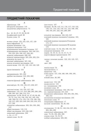 347
А
абревіатура 136
абстрактні іменники 116
академічна доброчесність 73
Б
без- 43, 45, 47, 57, 58, 59, 60
безафіксний спосіб 80
будова слова 34
В
велика літера 122, 123, 125, 127, 129
види інформації 17
відміни іменників 154
відмінки іменників 145
відмінювання іменників І відміни 157
відмінювання числівників 248, 249, 251,
252, 253, 255, 256, 257, 259, 261
відносні займенники 299, 301
відносні прикметники 203, 204, 205, 234
відповідь на уроці 71
вказівні займенники 307, 308
власне кількісні числівники 245
власні назви 116, 121, 122, 123, 128, 129
Г
групи іменників 154
Д
дискримінація 281, 282
дробові числівники 245, 258, 269
Е
етикетні функції займенників 288
Ж
жіночий рід 38, 130, 138, 217, 236, 237
З
загальні назви 116, 123, 127, 136
займенник 110, 111, 218, 268, 285, 286, 288,
290, 293, 297, 298, 312, 315
закінчення 34-36, 38-40, 44, 47, 63, 68, 69,
70, 72, 144, 154, 156, 159, 161, 162, 164,
166, 169-172, 174, 176, 178, 179, 180, 192,
195, 217, 220, 223, 249, 250, 252, 254, 272,
277, 308
заперечні займенники 302, 304, 305, 306,
312
збірні іменники 116, 118
збірні числівники 245, 246, 249
зворотний займенник 288
з-, (зі-, с-) 57
змінні слова 38, 39
І
ідея тексту 107
іменник 46, 98, 110, 111, 116, 117, 118, 122,
130, 131, 133, 135, 140, 141, 154, 169, 186,
189, 195, 201, 222, 243, 268, 289
К
кількісні числівники 242, 245, 247
кличний відмінок іменників І відміни 163,
165
кличний відмінок іменників ІІ відміни
175, 177
кличний відмінок іменників ІІІ відміни
178
ключові слова 12, 32, 104, 106, 153, 163
конкретні іменники 116
корінь 34, 40, 41, 43, 44, 47, 71, 77
короткі форми прикметників 201
Л
лапки у власних назвах 122, 123, 125, 127,
129
лист 292
М
маніпуляція 54
милозвучність 5
мікротема 104
м’яка група 157, 159, 166, 168, 169, 195,
217, 218
м’який знак 26, 265
Н
назви істот 116, 120
назви неістот 116
не з іменниками 186
незмінні слова 38
незмінювані іменники 136, 139, 154
не з прикметниками 231, 233
неозначені займенники 302, 303, 304, 305,
306, 312
неозначено-кількісні числівники 245
непохідне слово 77
неправдива інформація 17
нульове закінчення 38, 39, 162
О
оголошення 17, 36, 51, 149, 216, 227, 262,
263, 264, 298
означальні займенники 307
опис 75, 85, 192, 262, 309
основа слова 34, 35, 91
особові займенники 288, 291
ÏÐÅÄÌÅÒÍÈÉ ÏÎÊÀÆ×ÈÊ
Ïðåäìåòíèé ïîêàæ÷èê
 
