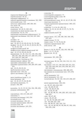 348
ÄÎÄÀÒÊÈ
П
паралельні форми роду 130
перебільшення 46, 54
перевірка інформації 17
перехід прикметників в іменники 221, 222
питальний план 149
питальні займенники 299, 300, 301
пів, напів 86
план тексту 149
подвоєння 48, 49, 51, 223, 224
подвоєння на межі частин слова 48
подовження 52, 53, 179
порушення академічної доброчесності 73
порядкові числівники 242, 245, 247, 258,
261
постфікс 43
похідне слово 77
пре- 43, 46, 47, 61, 62, 63, 64, 70, 78, 208
префікс 34, 43, 44, 45, 46, 47, 59, 64, 69, 70,
71, 78, 82, 186
префіксальний спосіб 80
префіксально-суфіксальний спосіб 80
при- 43, 47, 61, 62, 63, 64, 69
прикметник 41, 48, 110, 111, 139, 198, 199,
200, 201, 202, 204, 207, 217, 228, 231, 234,
237, 258, 277, 289, 297
прикметники з часткою не 231
прикметникові суфікси 223
присвійні займенники 297, 312
присвійні прикметники 203, 205, 207, 226,
234
прі- 43, 61, 62, 63, 64
проблематика тексту 107
простий план 149, 151
прості числівники 245, 278
Р
риси української мови 5, 14
роди іменника 130
роз- 43, 45, 47, 57, 58, 59, 60
розгорнута відповідь 71
роздум 192, 309
розповідь 14, 21, 37, 53, 104, 192, 196, 225,
розряди займенників 288
С
середній рід 130, 217, 236, 237
синонімія 5
складені числівники 245, 278
складний план 149
складні іменники 189, 191
складні прикметники 228, 231
складні слова 86
складні числівники 245, 278
словотвір 77
словотвірний ланцюжок 77
словотвірний розбір слова 98
спільний рід 130
спільнокореневі слова 40, 41, 42, 47, 68, 164
структура відповіді 71
ступені порівняння прикметників 208, 210,
212, 241
судження 7, 8, 54, 55, 190, 312
суфікс 34, 43, 44, 45, 46, 47, 67, 71, 78, 79,
82, 223
суфіксальний спосіб 80
Т
тверда група 157, 159, 166, 168, 169, 195,
217, 218
твірна основа 77, 78
твірне слово 77, 78, 79, 82, 98
творення прикметників 221
тема тексту 104
Ф
факти 8, 19, 54, 56, 61, 128, 185, 190, 261
фейк 7, 8, 17, 18, 20
форми слів 40, 42
Ц
цькування 281, 282, 283
Ч
частини мови 80, 84, 102, 103, 110, 111, 113,
115, 286
числівник 110, 111, 189, 228, 240, 241, 243,
244, 248, 249, 250, 253, 255, 259, 261, 273,
277, 279, 280
числівники з іменниками 268, 269, 278
числівники на позначення часу 273, 279,
280
число іменників 141
число іменників 141, 143
чоловічий рід 35, 38, 130, 138, 217, 236, 237
Я
якісні прикметники 203, 234
-ев- 65, 67, 223, 224, 225
-ечк- 65, 66, 67, 69
-ечок- 65, 66, 67, 69
-ив- 43, 65, 67, 69
-ин- 43, 95, 96, 97, 100, 203, 207, 223, 225,
226, 227
-ичк- 65, 67, 69
-ичок- 65, 67, 69
-н- 43, 48, 78, 226, 227, 230
-нн- 48, 226, 227, 230
-ств- 89, 90, 97, 102, 103, 118
-ськ- 43, 44, 89, 90, 91, 92, 96, 97, 102, 103,
203, 221, 236
 