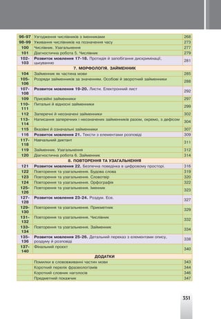 351
96-97 Óçãîäæåííÿ ÷èñë³âíèê³â ç ³ìåííèêàìè 268
98-99 Óæèâàííÿ ÷èñë³âíèê³â íà ïîçíà÷åííÿ ÷àñó 273
100 ×èñë³âíèê. Óçàãàëüíåííÿ 277
101 Ä³àãíîñòè÷íà ðîáîòà 5. ×èñë³âíèê 279
102-
103
Ðîçâèòîê ìîâëåííÿ 17-18. Ïðîòèä³ÿ é çàïîá³ãàííÿ äèñêðèì³íàö³¿,
öüêóâàííþ
281
7. ÌÎÐÔÎËÎÃ²ß. ÇÀÉÌÅÍÍÈÊ
104 Çàéìåííèê ÿê ÷àñòèíà ìîâè 285
105-
106
Ðîçðÿäè çàéìåííèê³â çà çíà÷åííÿì. Îñîáîâ³ é çâîðîòíèé çàéìåííèêè
288
107-
108
Ðîçâèòîê ìîâëåííÿ 19-20. Ëèñòè. Åëåêòðîííèé ëèñò
292
109 Ïðèñâ³éí³ çàéìåííèêè 297
110-
111
Ïèòàëüí³ é â³äíîñí³ çàéìåííèêè
299
112 Çàïåðå÷í³ é íåîçíà÷åí³ çàéìåííèêè 302
113-
114
Íàïèñàííÿ çàïåðå÷íèõ ³ íåîçíà÷åíèõ çàéìåííèê³â ðàçîì, îêðåìî, ç äåô³ñîì
304
115 Âêàç³âí³ é îçíà÷àëüí³ çàéìåííèêè 307
116 Ðîçâèòîê ìîâëåííÿ 21. Òåêñòè ç åëåìåíòàìè ðîçïîâ³ä³ 309
117-
118
Íàâ÷àëüíèé äèêòàíò
311
119 Çàéìåííèê. Óçàãàëüíåííÿ 312
120 Ä³àãíîñòè÷íà ðîáîòà 6. Çàéìåííèê 314
8. ÏÎÂÒÎÐÅÍÍß ÒÀ ÓÇÀÃÀËÜÍÅÍÍß
121 Ðîçâèòîê ìîâëåííÿ 22. Áåçïå÷íà ïîâåä³íêà â öèôðîâîìó ïðîñòîð³. 316
122 Ïîâòîðåííÿ òà óçàãàëüíåííÿ. Áóäîâà ñëîâà 319
123 Ïîâòîðåííÿ òà óçàãàëüíåííÿ. Ñëîâîòâ³ð 320
124 Ïîâòîðåííÿ òà óçàãàëüíåííÿ. Îðôîãðàô³ÿ 322
125-
126
Ïîâòîðåííÿ òà óçàãàëüíåííÿ. ²ìåííèê
323
127-
128
Ðîçâèòîê ìîâëåííÿ 23-24. Ðîçäóì. Åñå.
327
129-
130
Ïîâòîðåííÿ òà óçàãàëüíåííÿ. Ïðèêìåòíèê
329
131-
132
Ïîâòîðåííÿ òà óçàãàëüíåííÿ. ×èñë³âíèê
332
133-
134
Ïîâòîðåííÿ òà óçàãàëüíåííÿ. Çàéìåííèê
334
135-
136
Ðîçâèòîê ìîâëåííÿ 25-26. Äåòàëüíèé ïåðåêàç ç åëåìåíòàìè îïèñó,
ðîçäóìó é ðîçïîâ³ä³
338
137-
140
Ô³íàëüíèé ïðîºêò
340
ÄÎÄÀÒÊÈ
Ïîìèëêè â ñëîâîâæèâàíí³ ÷àñòèí ìîâè 343
Êîðîòêèé ïåðåë³ê ôðàçåîëîã³çì³â 344
Êîðîòêèé ñëîâíèê íàãîëîñ³â 346
Ïðåäìåòíèé ïîêàæ÷èê 347
 