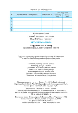 Підписано до друку __.__.___. Формат 70×100/16. Папір офсетний.
Гарнітура CentSchbook Win95BT. Друк офсетний. Умовн. друк арк. 23,40.
Умовн. фарбо-відб. 93,60. Обл.-вид. арк. 18,92.
Видавництво «Навчальна книга – Богдан»
Свідоцтво про внесення суб’єкта видавничої справи до Державного
реєстру видавців, виготівників і розповсюджувачів видавничої продукції
ДК № 4221 від 07.12.2011 р.
Навчальна книга – Богдан, просп. С. Бандери, 34а, м. Тернопіль, 46002
Навчальна книга – Богдан, а/с 529, м. Тернопіль, 46008
тел./факс (0352)52-06-07; 52-05-48
office@bohdan-books.com www.bohdan-books.com
Головний редактор Богдан Будний
Редактор Донара Пендзей
Художники Лілія Рейко, Олеся Томків
Обкладинка Ростислава Крамара
Комп’ютерна верстка Івана Бліща
Художній редактор Ростислав Крамар
Технічний редактор Неля Домарецька
УКРАЇНСЬКА МОВА
Підручник для 6 класу
закладів загальної середньої освіти
Підручник відповідає Державним санітарним нормам і правилам
«Гігієнічні вимоги до друкованої продукції для дітей»
Навчальне видання
ОНАТІЙ Анастасія Віталіївна,
ТКАЧУК Тарас Павлович
Відомості про стан підручника
№ Прізвище та ім’я учня/учениці Навчальний рік
Стан підручника
на початку
року
в кінці
року
1
2
3
4
5
 
