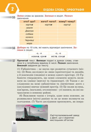 ÁÓÄÎÂÀ ÑËÎÂÀ. ÎÐÔÎÃÐÀÔ²ß
2
Çì³íè ñëîâà çà çðàçêîì. Çàïèøè â çîøèò. Ïîçíà÷
çàê³í÷åííÿ.
õòî? ùî? êîãî? ÷îãî? êîìó? ÷îìó?
êàðòêà êàðòêè êàðòö³
çåìëÿ
Äìèòðî
ñîáàêà
êîëåñî
×åðí³âö³
ìîðå
Äîáåðè ïî 10 ñë³â, ÿê³ ìàþòü â³äïîâ³äí³ çàê³í÷åííÿ. Çà-
ïèøè â çîøèò.
-à, -ÿ -î, -å
íîâèíà, êóõíÿ ì³ñòî, ñîíöå
Ïðî÷èòàé òåêñò. Âèïèøè ïîäàí³ â äóæêàõ ñëîâà, ñòàâ-
ëÿ÷è ¿õ ó ïîòð³áíîìó â³äì³íêó é ÷èñë³. Ïîçíà÷ çàê³í÷åííÿ.
Âèêîíàé çàâäàííÿ äî òåêñòó.
(1) Урбаністика – це наука про розвиток сучасного (міс-
то). (2) Вона досліджує не лише (архітектура) та дизайн,
а й взаємодію (людина) в межах одного простору. (3) Ур-
баністи стверджують, що певні елементи можуть впли-
вати на (зміна) (житло) та (транспорт). (4) Також є до-
слідження на межі урбаністики та лінгвістики: дехто з
(дослідник) вивчає мовний простір. (5) Це назви вулиць,
кав’ярень, (магазин), оголошення – усі написи, на які на-
трапляємо в певному районі.
(6) Важливою також є історія, адже вона пояснює, як
розвивалися (місто) раніше та як це може вплинути на
сьогодення. (7) Часто дослідники пропонують, як покра-
55
56
57
Ñì³òòºñïàëþâàëüíèé çàâîä
ó Äàí³¿, ùî º âîäíî÷àñ
ìèñòåöüêèì îá’ºêòîì
36
 