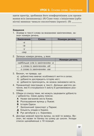 щити простір, зробивши його комфортнішим для прожи-
вання всіх (мешканець). (8) Саме тому з ініціативи (урба-
ністи) виникає чимало екологічних (проєкт). (9) ________
__________________________________________________
Çàâäàííÿ
1. Çíàéäè â òåêñò³ ñëîâà çà âêàçàíèìè çàê³í÷åííÿìè, çà-
çíà÷ íîìåðè ðå÷åíü.
Çàê³í÷åííÿ Ñëîâà Íîìåðè ðå÷åíü
-à
-³â
-ó
-îìó
2. Çàïèøè íîìåðè ðå÷åíü, ó ÿêèõ
Íîìåðè ðå÷åíü
íàéá³ëüøå ñë³â ³ç çàê³í÷åííÿì -à
º ñëîâà ³ç çàê³í÷åííÿì -åé
º ñëîâî ³ç çàê³í÷åííÿì -îþ
3. Âèçíà÷, ÷è ïðàâäà, ùî
à) óðáàí³ñòèêà âèâ÷àº îñîáëèâîñò³ æèòòÿ â ñåëàõ;
á) óðáàí³ñòè äîñë³äæóþòü ³ñòîð³þ ì³ñò;
â) óðáàí³ñòè ïðîïîíóþòü, ÿê ìîæíà çì³íþâàòè ì³ñòà.
4. Ïðîàíàë³çóé ³ëþñòðàö³þ â òåêñò³. Äîïèøè äåâ'ÿòå ðå-
÷åííÿ, ÿêå á ñòîñóâàëîñÿ ¿¿ çì³ñòó é äîïîâíþâàëî ðîç-
ïîâ³äü.
5. Îáåðè ç³ ñïèñêó òåìè, ÿê³ ìîæóòü çàö³êàâèòè óðáàí³ñòà
/ óðáàí³ñòêó. Ñâîþ äóìêó ïîÿñíè.
À Íàçâè ìàãàçèí³â ì³ñòà Êèºâà.
Á Ðîçòàøóâàííÿ âóëèöü ó Ëüâîâ³.
Â ²ñòîð³ÿ Îäåñè.
Ã Çàë³çíè÷íèé òðàíñïîðò ó Ïàðèæ³.
Ä Ê³ëüê³ñòü îïàä³â â Óêðà¿í³.
Å Ðóõ àâòîáóñ³â ó ñ. Êèðèë³âêà.
6. Äîñë³äè ìîâíèé ïðîñò³ð âóëèö³, íà ÿê³é òè æèâåø. Âè-
çíà÷, ÿê³ íàçâè òè áà÷èø íà øëÿõó äî øêîëè. Óêëàäè
ñïèñîê ùîíàéìåíøå ç 10 ïîçèö³é.
37
ÓÐÎÊ 9. Îñíîâà ñëîâà. Çàê³í÷åííÿ
 