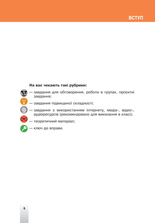 4
ÂÑÒÓÏ
Íà âàñ ÷åêàþòü òàê³ ðóáðèêè:
— çàâäàííÿ äëÿ îáãîâîðåííÿ, ðîáîòè â ãðóïàõ, ïðîºêòí³
çàâäàííÿ;
— çàâäàííÿ ï³äâèùåíî¿ ñêëàäíîñò³;
— çàâäàííÿ ç âèêîðèñòàííÿì ³íòåðíåòó, ìåä³à-, â³äåî-,
àóä³îðåñóðñ³â (ðåêîìåíäîâàíî äëÿ âèêîíàííÿ â êëàñ³);
— òåîðåòè÷íèé ìàòåð³àë;
— êëþ÷ äî âïðàâè.
 