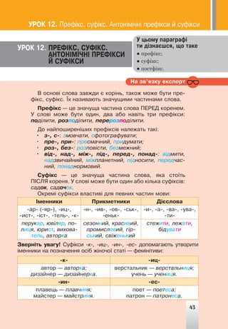 43
Â îñíîâ³ ñëîâà çàâæäè º êîð³íü, òàêîæ ìîæå áóòè ïðå-
ô³êñ, ñóô³êñ. ¯õ íàçèâàþòü çíà÷óùèìè ÷àñòèíàìè ñëîâà.
Ïðåô³êñ — öå çíà÷óùà ÷àñòèíà ñëîâà ÏÅÐÅÄ êîðåíåì.
Ó ñëîâ³ ìîæå áóòè îäèí, äâà àáî íàâ³òü òðè ïðåô³êñè:
ïîä³ëèòè, ðîçïîä³ëèòè, ïåðåðîçïîä³ëèòè.
Äî íàéïîøèðåí³øèõ ïðåô³êñ³â íàëåæàòü òàê³:
• ç-, ñ-: çìîâ÷àòè, ñôîòîãðàôóâàòè;
• ïðå-, ïðè-: ïðåñìà÷íèé, ïðèäóìàòè;
• ðîç-, áåç-: ðîçïîâ³ñòè, áåçìåæíèé;
• â³ä-, íàä-, ì³æ-, ï³ä-, ïåðåä-, ïîíàä-: â³äìèòè,
íàäçâè÷àéíèé, ì³æïëàíåòíèé, ï³äíîñèòè, ïåðåä÷àñ-
íèé, ïîíàäíîðìîâèé.
Ñóô³êñ — öå çíà÷óùà ÷àñòèíà ñëîâà, ÿêà ñòî¿òü
Ï²ÑËß êîðåíÿ. Ó ñëîâ³ ìîæå áóòè îäèí àáî ê³ëüêà ñóô³êñ³â:
ñàäîê, ñàäî÷îê.
Îêðåì³ ñóô³êñè âëàñòèâ³ äëÿ ïåâíèõ ÷àñòèí ìîâè:
²ìåííèêè Ïðèêìåòíèêè Ä³ºñëîâà
-àð- (-ÿð-), -èö-,
-èñò-, -³ñò-, -òåëü-, -ê-
-í-, -èâ-, -îâ-, -ñüê-,
-åíüê-
-è-, -à-, -âà-, -óâà-,
-òè-
ïåðóêàð, þâ³ëÿð, ïî-
ëèöÿ, þðèñò, âèõîâà-
òåëü, àâòîðêà
ñåçîííèé, êðàñèâèé,
ïðîìèñëîâèé, ã³ð-
ñüêèé, ñâ³æåíüêèé
ñòåæèòè, ëåæàòè,
á³äóâàòè
Çâåðí³òü óâàãó! Ñóô³êñè -ê-, -èö-, -èí-, -åñ- äîïîìàãàþòü óòâîðèòè
³ìåííèêè íà ïîçíà÷åííÿ îñ³á æ³íî÷î¿ ñòàò³ — ôåì³í³òèâè:
-ê- -èö-
àâòîð — àâòîðêà;
äèçàéíåð — äèçàéíåðêà.
âåðñòàëüíèê — âåðñòàëüíèöÿ;
ó÷åíü — ó÷åíèöÿ.
-èí- -åñ-
ïëàâåöü — ïëàâ÷èíÿ;
ìàéñòåð — ìàéñòðèíÿ.
ïîåò — ïîåòåñà;
ïàòðîí — ïàòðîíåñà.
ÓÐÎÊ 12. ÏÐÅÔ²ÊÑ, ÑÓÔ²ÊÑ.
ÀÍÒÎÍ²Ì²×Í² ÏÐÅÔ²ÊÑÈ
É ÑÓÔ²ÊÑÈ
Íà çâ’ÿçêó åêñïåðò
ÓÐÎÊ 12. Ïðåô³êñ, ñóô³êñ. Àíòîí³ì³÷í³ ïðåô³êñè é ñóô³êñè
43
Ó öüîìó ïàðàãðàô³
òè ä³çíàºøñÿ, ùî òàêå
● префікс;
● суфікс;
● постфікс.
 