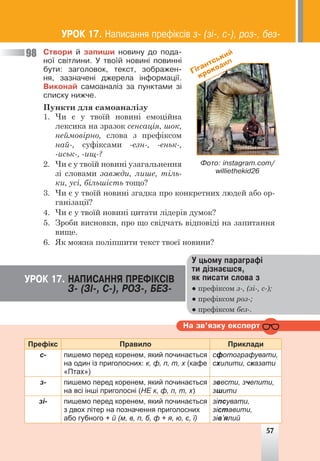 57
98
Гігантський
крокодил
Ôîòî: instagram.com/
williethekid26
Ñòâîðè é çàïèøè íîâèíó äî ïîäà-
íî¿ ñâ³òëèíè. Ó òâî¿é íîâèí³ ïîâèíí³
áóòè: çàãîëîâîê, òåêñò, çîáðàæåí-
íÿ, çàçíà÷åí³ äæåðåëà ³íôîðìàö³¿.
Âèêîíàé ñàìîàíàë³ç çà ïóíêòàìè ç³
ñïèñêó íèæ÷å.
Пункти для самоаналізу
1. Чи є у твоїй новині емоційна
лексика на зразок сенсація, шок,
неймовірно, слова з префіксом
най-, суфіксами -езн-, -еньк-,
-иськ-, -ищ-?
2. Чи є у твоїй новині узагальнення
зі словами завжди, лише, тіль-
ки, усі, більшість тощо?
3. Чи є у твоїй новині згадка про конкретних людей або ор-
ганізації?
4. Чи є у твоїй новині цитати лідерів думок?
5. Зроби висновки, про що свідчать відповіді на запитання
вище.
6. Як можна поліпшити текст твоєї новини?
Ó öüîìó ïàðàãðàô³
òè ä³çíàºøñÿ,
ÿê ïèñàòè ñëîâà ç
● префіксом з-, (зі-, с-);
● префіксом роз-;
● префіксом без-.
ÓÐÎÊ 17. ÍÀÏÈÑÀÍÍß ÏÐÅÔ²ÊÑ²Â
Ç- (Ç²-, Ñ-), ÐÎÇ-, ÁÅÇ-
Íà çâ’ÿçêó åêñïåðò
Префікс Правило Приклади
с- пишемо перед коренем, який починається
на один із приголосних: к, ф, п, т, х (кафе
«Птах»)
сфотографувати,
схилити, сказати
з- пишемо перед коренем, який починається
на всі інші приголосні (НЕ к, ф, п, т, х)
звести, зчепити,
зшити
зі- пишемо перед коренем, який починається
з двох літер на позначення приголосних
або губного + й (м, в, п, б, ф + я, ю, є, ї)
зіпсувати,
зіставити,
зів’ялий
ÓÐÎÊ 17. Íàïèñàííÿ ïðåô³êñ³â ç- (ç³-, ñ-), ðîç-, áåç-
57
 
