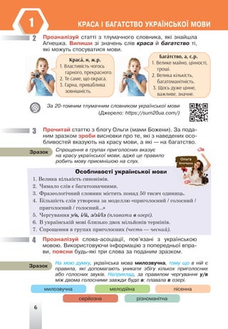 6
ÊÐÀÑÀ ² ÁÀÃÀÒÑÒÂÎ ÓÊÐÀ¯ÍÑÜÊÎ¯ ÌÎÂÈ
1
Ïðîàíàë³çóé ñòàòò³ ç òëóìà÷íîãî ñëîâíèêà, ÿê³ çíàéøëà
À´íåøêà. Âèïèøè ç³ çíà÷åíü ñë³â êðàñà é áàãàòñòâî ò³,
ÿê³ ìîæóòü ñòîñóâàòèñÿ ìîâè.
Бага
' тство, а, с.р.
1. Велике майно, цінності,
гроші.
2. Велика кількість,
багатоманітність.
3. Щось дуже цінне,
важливе, значне.
Краса
' , и, ж.р.
1. Властивість чогось
гарного, прекрасного.
2. Те саме, що окраса.
3. Гарна, приваблива
зовнішність.
Çà 20-òîìíèì òëóìà÷íèì ñëîâíèêîì óêðà¿íñüêî¿ ìîâè
(Äæåðåëî: https://sum20ua.com/)
Ïðî÷èòàé ñòàòòþ ç áëîãó Îëüãè (ìàìè Áîæåíè). Çà ïîäà-
íèì çðàçêîì çðîáè âèñíîâêè ïðî òå, ÿê³ ç íàâåäåíèõ îñî-
áëèâîñòåé âêàçóþòü íà êðàñó ìîâè, à ÿê³ — íà áàãàòñòâî.
2
3
Ñïðîùåííÿ â ãðóïàõ ïðèãîëîñíèõ âêàçóº
íà êðàñó óêðà¿íñüêî¿ ìîâè, àäæå öå ïðàâèëî
ðîáèòü ìîâó ïðèºìí³øîþ íà ñëóõ.
Çðàçîê
Особливості української мови
1. Велика кількість синонімів.
2. Чимало слів є багатозначними.
3. Фразеологічний словник містить понад 50 тисяч одиниць.
4. Більшість слів утворена за моделлю «приголосний / голосний /
приголосний / голосний...»
5. Чергування у/в, і/й, з/зі/із (плавати в озері).
6. В українській мові близько двох мільйонів термінів.
7. Спрощення в групах приголосних (честь — чесний).
Ïðîàíàë³çóé ñëîâà-àñîö³àö³¿, ïîâ’ÿçàí³ ç óêðà¿íñüêîþ
ìîâîþ. Âèêîðèñòîâóþ÷è ³íôîðìàö³þ ç ïîïåðåäíüî¿ âïðà-
âè, ïîÿñíè áóäü-ÿê³ òðè ñëîâà çà ïîäàíèì çðàçêîì.
4
Íà ìîþ äóìêó, óêðà¿íñüêà ìîâà ìèëîçâó÷íà, òîìó ùî â í³é º
ïðàâèëà, ÿê³ äîïîìàãàþòü óíèêàòè çá³ãó ê³ëüêîõ ïðèãîëîñíèõ
àáî ãîëîñíèõ çâóê³â. Íàïðèêëàä, çà ïðàâèëîì ÷åðãóâàííÿ ó/â
ì³æ äâîìà ãîëîñíèìè çàâæäè áóäå â: ïëàâàëà â îçåð³.
Çðàçîê
ï³ñåííà
ð³çíîìàí³òíà
ìèëîçâó÷íà ìåëîä³éíà
ñåðéîçíà
 