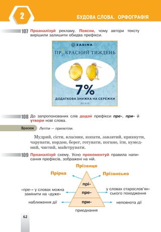 62
ÁÓÄÎÂÀ ÑËÎÂÀ. ÎÐÔÎÃÐÀÔ²ß
2
Ëåò³òè — ïðèëåò³ëè.
Çðàçîê
Ïðîàíàë³çóé ðåêëàìó. Ïîÿñíè, ÷îìó àâòîðè òåêñòó
âèð³øèëè çàëèøèòè îáèäâà ïðåô³êñè.
Äî çàïðîïîíîâàíèõ ñë³â äîäàй ïðåô³êñè ïðå-, ïðè- é
óòâîðè íîâ³ ñëîâà.
Мудрий, сісти, власник, копати, завзятий, крикнути,
чарувати, кордон, берег, готувати, погано, іти, кумед-
ний, чистий, майструвати.
Ïðîàíàë³çóé ñõåìó. Óñíî ïðîêîìåíòóé ïðàâèëà íàïè-
ñàííÿ ïðåô³êñ³â, çîáðàæåí³ íà í³é.
Прірва
Прізвище
Прізвисько
«ïðå-» ó ñëîâàõ ìîæíà
çàì³íèòè íà «äóæå»
ó ñëîâàõ ñòàðîñëîâ’ÿí-
ñüêîãî ïîõîäæåííÿ
íàáëèæåííÿ ä³¿ íåïîâíîòà ä³¿
ïðèºäíàííÿ
ïð³-
ïðå-
ïðè-
107
108
109
 