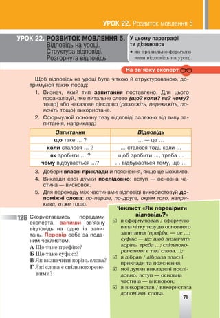 71
Ó öüîìó ïàðàãðàô³
òè ä³çíàºøñÿ
● як правильно формулю-
вати відповідь на уроці.
ÓÐÎÊ 22. ÐÎÇÂÈÒÎÊ ÌÎÂËÅÍÍß 5.
Â³äïîâ³äü íà óðîö³.
Ñòðóêòóðà â³äïîâ³ä³.
Ðîçãîðíóòà â³äïîâ³äü
Íà çâ’ÿçêó åêñïåðò
Ùîá â³äïîâ³äü íà óðîö³ áóëà ÷³òêîþ é ñòðóêòóðîâàíîþ, äî-
òðèìóéñÿ òàêèõ ïîðàä:
1. Âèçíà÷, ÿêèé òèï çàïèòàííÿ ïîñòàâëåíî. Äëÿ öüîãî
ïðîàíàë³çóé, ÿêå ïèòàëüíå ñëîâî (ùî? êîëè? ÿê? ÷îìó?
òîùî) àáî íàêàçîâå ä³ºñëîâî (ðîçêàæ³òü, ïåðåêàæ³òü, ïî-
ÿñí³òü òîùî) âèêîðèñòàíå.
2. Ñôîðìóëþé îñíîâíó òåçó â³äïîâ³ä³ çàëåæíî â³ä òèïó çà-
ïèòàííÿ, íàïðèêëàä:
Çàïèòàííÿ Â³äïîâ³äü
ùî òàêå … ? … — öå …
êîëè ñòàëîñÿ … ? … ñòàëîñÿ òîä³, êîëè …
ÿê çðîáèòè … ? ùîá çðîáèòè …, òðåáà …
÷îìó â³äáóâàºòüñÿ …? … â³äáóâàºòüñÿ òîìó, ùî …
3. Äîáåðè âëàñí³ ïðèêëàäè é ïîÿñíåííÿ, ÿêùî öå ìîæëèâî.
4. Âèêëàäè ñâî¿ äóìêè ïîñë³äîâíî: âñòóï — îñíîâíà ÷à-
ñòèíà — âèñíîâîê.
5. Äëÿ ïåðåõîäó ì³æ ÷àñòèíàìè â³äïîâ³ä³ âèêîðèñòîâóé äî-
ïîì³æí³ ñëîâà: ïî-ïåðøå, ïî-äðóãå, îêð³ì òîãî, íàïðè-
êëàä, îòæå òîùî.
Ñêîðèñòàâøèñü ïîðàäàìè
åêñïåðòà, çàïèøè çâ’ÿçíó
â³äïîâ³äü íà îäíå ³ç çàïè-
òàíü. Ïåðåâ³ð ñåáå çà ïîäà-
íèì ÷åêëèñòîì.
А Що таке префікс?
Б Що таке суфікс?
В Як визначити корінь слова?
Г Які слова є спільнокорене-
вими?
126
Чеклист «Як перевірити
відповідь?»
5 ÿ ñôîðìóëþâàâ / ñôîðìóëþ-
âàëà ÷³òêó òåçó äî îñíîâíîãî
çàïèòàííÿ (ïðåô³êñ — öå …;
ñóô³êñ — öå; ùîá âèçíà÷èòè
êîð³íü, òðåáà …; ñï³ëüíîêî-
ðåíåâèìè º òàê³ ñëîâà…);
5 ÿ ä³áðàâ / ä³áðàëà âëàñí³
ïðèêëàäè òà ïîÿñíåííÿ;
5 ìî¿ äóìêè âèêëàäåí³ ïîñë³-
äîâíî: âñòóï — îñíîâíà
÷àñòèíà — âèñíîâîê;
5 ÿ âèêîðèñòàâ / âèêîðèñòàëà
äîïîì³æí³ ñëîâà.
71
ÓÐÎÊ 22. Ðîçâèòîê ìîâëåííÿ 5
 