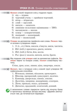 81
Âèçíà÷ ñïîñ³á òâîðåííÿ ñë³â ó ïîäàíèõ ïàðàõ.
1) хід — хідник.
2) черговий учень — прийшов черговий.
3) вітер — вітрисько.
4) злий — презлий.
5) питати — запитати.
6) зовнішнє незалежне оцінювання — ЗНО.
7) масажувати — масаж.
8) гумор — гумористичний.
9) покірний — непокірний.
10) воля — визвольний.
Óòâîðè çà äîïîìîãîþ ïðåô³êñ³â íîâ³ ñëîâà. Ïîçíà÷ òâ³ð-
í³ îñíîâè â óòâîðåíèõ ïàðàõ.
1. З- (с-, зі-): бити, писати, в’янути, шити, чистити.
2. Від- (віді-): проситися, рвати, котити.
3. Під- (піді-): бігти, йти, мести.
4. Роз- (розі-): казати, питати, нести, брати.
Â³ä ïîäàíèõ ñë³â óòâîðè íîâ³ çà äîïîìîãîþ ñóô³êñ³â. Çà-
ïèøè òâ³ðíå òà ïîõ³äíå ñëîâà, ïîçíà÷ ñëîâîòâ³ðíó ÷àñ-
òèíó.
Стіна, урок, клас, лимон, ціна, квартира, земля.
Âèçíà÷, ÿêå ç ÷îòèðüîõ ñë³â ó êîæí³é ãðóï³ óòâîðåíå ÍÅ
ñóô³êñàëüíèì ñïîñîáîì.
1. Ніченька, киянин, міськком, артилерист.
2. Школяр, прекрасний, кавалерист, вазочка.
3. Каменяр, джерельце, сінокіс, земляк.
4. Далечінь, хмарище, мандрівник, електрон.
5. Лісок, зіронька, оскал, духовний.
6. Дівчатко, прадавній, хлопчачий, денний.
Ó âèçíà÷åíèõ ñëîâàõ ï³äêðåñëè òðåòþ â³ä ïî÷àòêó áóêâó
é ïðî÷èòàºø ïð³çâèùå àâòîðà âèñëîâó: «Äðóæáà çàê³í÷ó-
ºòüñÿ òàì, äå ïî÷èíàºòüñÿ íåäîâ³ðà».
144
145
146
147
ÓÐÎÊÈ 25-26. Îñíîâí³ ñïîñîáè ñëîâîòâîðåííÿ
 