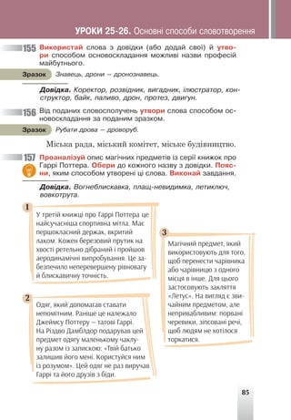 85
Âèêîðèñòàé ñëîâà ç äîâ³äêè (àáî äîäàé ñâî¿) é óòâî-
ðè ñïîñîáîì îñíîâîñêëàäàííÿ ìîæëèâ³ íàçâè ïðîôåñ³é
ìàéáóòíüîãî.
Çíàâåöü, äðîíè — äðîíîçíàâåöü.
Çðàçîê
Äîâ³äêà. Êîðåêòîð, ðîçâ³äíèê, âèãàäíèê, ³ëþñòðàòîð, êîí-
ñòðóêòîð, áàéê, ïàëèâî, äðîí, ïðîòåç, äâèãóí.
Â³ä ïîäàíèõ ñëîâîñïîëó÷åíü óòâîðè ñëîâà ñïîñîáîì îñ-
íîâîñêëàäàííÿ çà ïîäàíèì çðàçêîì.
Ðóáàòè äðîâà — äðîâîðóá.
Çðàçîê
Міська рада, міський комітет, міське будівництво.
Ïðîàíàë³çóé îïèñ ìàã³÷íèõ ïðåäìåò³â ³ç ñåð³¿ êíèæîê ïðî
Ãàðð³ Ïîòòåðà. Îáåðè äî êîæíîãî íàçâó ç äîâ³äêè. Ïîÿñ-
íè, ÿêèì ñïîñîáîì óòâîðåí³ ö³ ñëîâà. Âèêîíàé çàâäàííÿ.
Äîâ³äêà. Âîãíåáëèñêàâêà, ïëàù-íåâèäèìêà, ëåòèêëþ÷,
âîâêîòðóòà.
155
156
157
У третій книжці про Гаррі Поттера це
найсучасніша спортивна мітла. Має
першокласний держак, вкритий
лаком. Кожен березовий прутик на
хвості ретельно дібраний і пройшов
аеродинамічні випробування. Це за-
безпечило неперевершену рівновагу
й блискавичну точність.
1
Магічний предмет, який
використовують для того,
щоб перенести чарівника
або чарівницю з одного
місця в інше. Для цього
застосовують закляття
«Летус». На вигляд є зви-
чайним предметом, але
непривабливим: порвані
черевики, зіпсовані речі,
щоб людям не хотілося
торкатися.
3
Одяг, який допомагав ставати
непомітним. Раніше це належало
Джеймсу Поттеру — татові Гаррі.
На Різдво Дамблдор подарував цей
предмет одягу маленькому чаклу-
ну разом із запискою: «Твій батько
залишив його мені. Користуйся ним
із розумом». Цей одяг не раз виручав
Гаррі та його друзів з біди.
2
ÓÐÎÊÈ 25-26. Îñíîâí³ ñïîñîáè ñëîâîòâîðåííÿ
 