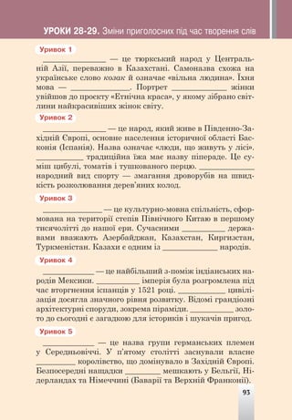 Óðèâîê 1
________________ — це тюркський народ у Централь-
ній Азії, переважно в Казахстані. Самоназва схожа на
українське слово козак й означає «вільна людина». Їхня
мова — _______________. Портрет ______________ жінки
увійшов до проєкту «Етнічна краса», у якому зібрано світ-
лини найкрасивіших жінок світу.
Óðèâîê 2
________________ — це народ, який живе в Південно-За-
хідній Європі, основне населення історичної області Бас-
конія (Іспанія). Назва означає «люди, що живуть у лісі».
____________ традиційна їжа має назву піпераде. Це су-
міш цибулі, томатів і тушкованого перцю. ______________
народний вид спорту — змагання дроворубів на швид-
кість розколювання дерев’яних колод.
Óðèâîê 3
_______________ — це культурно-мовна спільність, сфор-
мована на території степів Північного Китаю в першому
тисячолітті до нашої ери. Сучасними ___________ держа-
вами вважають Азербайджан, Казахстан, Киргизстан,
Туркменістан. Казахи є одним із ______________ народів.
Óðèâîê 4
_____________ — це найбільший з-поміж індіанських на-
родів Мексики. ___________ імперія була розгромлена під
час вторгнення іспанців у 1521 році. ____________ цивілі-
зація досягла значного рівня розвитку. Відомі грандіозні
архітектурні споруди, зокрема піраміди. ___________ золо-
то до сьогодні є загадкою для істориків і шукачів пригод.
Óðèâîê 5
_____________ — це назва групи германських племен
у Середньовіччі. У п’ятому столітті заснували власне
__________ королівство, що домінувало в Західній Європі.
Безпосередні нащадки _________ мешкають у Бельгії, Ні-
дерландах та Німеччині (Баварії та Верхній Франконії).
93
ÓÐÎÊÈ 28-29. Çì³íè ïðèãîëîñíèõ ï³ä ÷àñ òâîðåííÿ ñë³â
 
