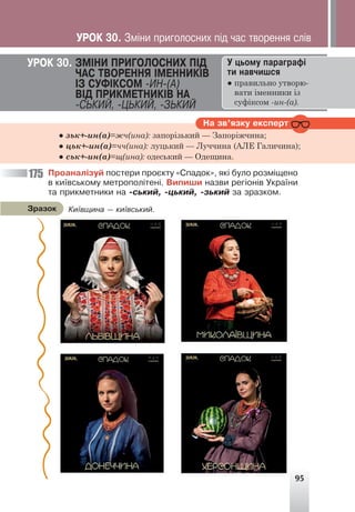 95
Ó öüîìó ïàðàãðàô³
òè íàâ÷èøñÿ
● правильно утворю-
вати іменники із
суфіксом -ин-(а).
ÓÐÎÊ 30. ÇÌ²ÍÈ ÏÐÈÃÎËÎÑÍÈÕ Ï²Ä
×ÀÑ ÒÂÎÐÅÍÍß ²ÌÅÍÍÈÊ²Â
²Ç ÑÓÔ²ÊÑÎÌ -ÈÍ-(À)
Â²Ä ÏÐÈÊÌÅÒÍÈÊ²Â ÍÀ
-ÑÜÊÈÉ, -ÖÜÊÈÉ, -ÇÜÊÈÉ
175
Êè¿âùèíà — êè¿âñüêèé.
Çðàçîê
ÓÐÎÊ 30. Çì³íè ïðèãîëîñíèõ ï³ä ÷àñ òâîðåííÿ ñë³â
Ïðîàíàë³çóé ïîñòåðè ïðîºêòó «Ñïàäîê», ÿê³ áóëî ðîçì³ùåíî
â êè¿âñüêîìó ìåòðîïîë³òåí³. Âèïèøè íàçâè ðåã³îí³â Óêðà¿íè
òà ïðèêìåòíèêè íà -ñüêèé, -öüêèé, -çüêèé çà çðàçêîì.
Íà çâ’ÿçêó åêñïåðò
● зьк+-ин(а)=жч(ина): запорізький — Запоріжчина;
● цьк+-ин(а)=чч(ина): луцький — Луччина (АЛЕ Галичина);
● ськ+-ин(а)=щ(ина): одеський — Одещина.
 