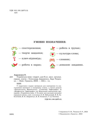 Підручник Українська мова 6 клас О. М. Авраменко, З. Р. Тищенко 2023 