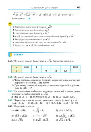 135
17. Функція y x
= та її графік
5 2 5 3 5 2 5 3 5 2 3 5 1
2 2

   
           .
В ов ь: 1. 
1. Яка область визначення функції y x
= ?
?
2. Яка область значень функції y x
= ?
?
3. Чому дорівнює нуль функції y x
= ?
?
4. У якій координатній чверті розташований графік функції y x
= ?
?
5. Яка фігура є графіком функції y x
= ?
?
6. Невід’ємні числа a і такі, що a  . Порівняйте a і b.
.
7. Відомо, що a b.
. Порівняйте числа a і .
ВПРАВИ
. Функцію задано формулою y x
= . Заповніть таблицю:
0,01 4 1600
9 11 1,5
. Функцію задано формулою y x
= .
1) ому дорівнює значення функції, як о значення аргументу
дорівнює: 0,16 64 1,44 3600
2) При якому значенні аргументу значення функції дорівнює:
0,2 5 120 4
8. Не виконуючи побудови, визначте, через які з даних точок
проходить графік функції y x
= :
(36 6), (4 2), C (0,81 0,9), ( 1 1), E (42,25 6,5).
. ерез яку з даних точок проходить графік функції y x
= :
1) (16 4) 2) (49 7) 3) C (3,6 0,6) 4) ( 36 6)
. Порівняйте числа:
1) 86 і 78; 4)
6
7
і 1 7) 41 і 2 10;
2) 1 4
, і 1 6
, ; 5) 7 і 48; 8) 0 6 3
1
3
, і 1 1
, ;
3) 5 і 26; 6) 3 2 і 2 3; 9) 75 і 4 3.
 