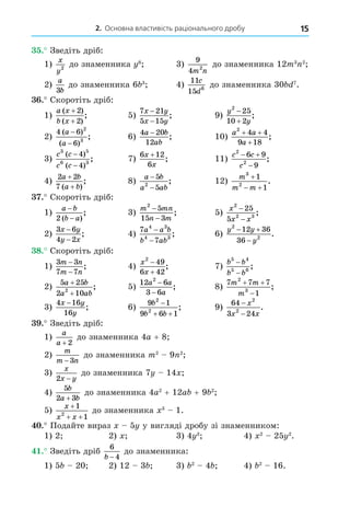 2. Основна властивість раціонального дробу 15
. Зведіть дріб:
1)
x
y2
до знаменника 8
3)
9
4 2
m n
до знаменника 12m3 2
2)
a
b
3
до знаменника 6 3
4)
11
15 6
c
d
до знаменника 30 7
.
. Скоротіть дріб:
1)
a x
b x
( )
( )
;
+
+
2
2
5)
7 21
5 15
x y
x y
−
−
; 9)
y
y
2
25
10 2


;
2)
4 6
6
2
3
( )
( )
;
a
a
−
−
6)
4 20
12
a b
ab
−
; 10)
a a
a
2
4 4
9 18
+ +
+
;
3)
c c
c c
3 5
6 3
4
4
( )
( )
;
−
−
7)
6 12
6
x
x
+
; 11)
c c
c
2
2
6 9
9
 

;
4)
2 2
7
a b
a b
+
+
( )
; 8)
a b
a ab
−
−
5
5
2
; 12)
m
m m
3
2
1
1

 
.
. Скоротіть дріб:
1)
a b
b a
−
−
2 ( )
; 3)
m mn
n m
2
5
15 3
−
−
; 5)
x
x x
2
2 3
25
5
−
−
;
2)
3 6
4 2
x y
y x
−
−
; 4)
7
7
4 3
4 3
a a b
b ab
−
−
; 6)
y y
y
2
2
12 36
36
 

.
8. Скоротіть дріб:
1)
3 3
7 7
m n
m n
−
−
; 4)
x
x
2
49
6 42


; 7)
b b
b b
5 4
5 6
−
−
;
2)
5 25
2 10
2
a b
a ab
+
+
; 5)
12 6
3 6
2
a a
a
−
−
; 8)
7 7 7
1
2
3
m m
m
 

;
3)
4 16
16
x y
y
−
; 6)
9 1
9 6 1
2
2
b
b b

 
; 9)
64
3 24
2
2
−
−
x
x x
.
. Зведіть дріб:
1)
a
a + 2
до знаменника 4a + 8
2)
m
m n
− 3
до знаменника m2
9 2
3)
x
x y
2 −
до знаменника 7 14
4)
5
2 3
b
a b
+
до знаменника 4a2
+ 12a + 9 2
5)
x
x x
+
+ +
1
1
2
до знаменника 3
1.
. Подайте вираз 5 у вигляді дробу зі знаменником:
1) 2 2) 3) 4 3
4) 2
25 2
.
. Зведіть дріб
6
4
b −
до знаменника:
1) 5 20 2) 12 3 3) 2
4 4) 2
16.
 