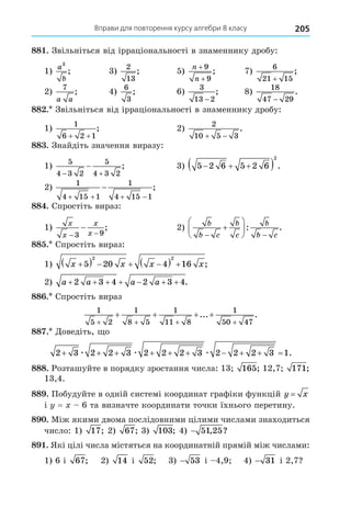 Вправи для повторення курсу алгебри 8 класу 205
88 . Звільніться від ірраціональності в знаменнику дробу:
1)
a
b
3
; 3)
2
13
; 5)
n
n
+
+
9
9
; 7)
6
21 15
+
;
2)
7
a a
; 4)
6
3
; 6)
3
13 2
−
; 8)
18
47 29
−
.
88 . Звільніться від ірраціональності в знаменнику дробу:
1)
1
6 2 1
+ +
; 2)
2
10 5 3
 
.
88 . Знайдіть значення виразу:
1)
5
4 3 2
5
4 3 2
 
 ; 3) 5 2 6 5 2 6
2
  
  .
2)
1
4 15 1
1
4 15 1
   
 ;
88 . Спростіть вираз:
1)
x
x
x
x
− −
−
3 9
; 2)
b
b c
b
c
b
b c
 






: .
88 . Спростіть вираз:
1) x x x x

    
  
5 20 4 16
2 2
;
2) a a a a
      
2 3 4 2 3 4.
88 . Спростіть вираз
1
5 2
1
8 5
1
11 8
1
50 47
+ + + +
+ + + +
... .
88 . Äоведіть, о
2 3 2 2 3 2 2 2 3 2 2 2 3 1
         
æ æ æ .
888. Розташуйте в порядку зростання числа: 13 165; 12,7 171;
13,4.
88 . Побудуйте в одній системі координат графіки функцій y x
=
і = 6 та визначте координати точки їхнього перетину.
8 . Між якими двома послідовними цілими числами знаходиться
число: 1) 17; 2) 67; 3) 103; 4) − 51 25
, ?
8 . Які цілі числа містяться на координатній прямій між числами:
1) 6 і 67; 2) 14 і 52; 3) − 53 і 4,9 4) − 31 і 2,7
 