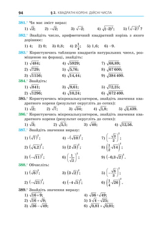 § 2. КВАДРАТНІ КОРЕНІ. ДІЙСНІ ЧИСЛА
94
8 . и має зміст вираз:
1) 2; 2) − 2; 3) −2; 4) ( ) ;
−2 2
5) 
 
2
2
?
8 . Знайдіть число, арифметичний квадратний корінь з якого
дорівнює:
1) 4 2) 0 3) 0,8 4) 2
1
4
; 5) 1,6 6) 9.
8 . Користуючись таблицею квадратів натуральних чисел, роз-
мі еною на форзаці, знайдіть:
1) 484; 4) 5929; 7) 68 89
, ;
2) 729; 5) 5 76
, ; 8) 67 600;
3) 1156; 6) 14 44
, ; 9) 384 400.
8 . Знайдіть:
1) 841; 3) 9 61
, ; 5) 72 25
, ;
2) 1296; 4) 10 24
, ; 6) 672 400.
8 . Користуючись мікрокалькулятором, знайдіть значення ква-
дратного кореня (результат округліть до сотих):
1) 2; 2) 7; 3) 34; 4) 1 8
, ; 5) 2 439
, .
8 . Користуючись мікрокалькулятором, знайдіть значення ква-
дратного кореня (результат округліть до сотих):
1) 3; 2) 5 1
, ; 3) 40; 4) 12 56
, .
8 . Знайдіть значення виразу:
1) 7
2
  ; 4)  
10
2
; 7) 






3
2
2
;
2) 4 2
2
, ;
  5) 2 3
2
  ; 8)
1
2
14
2
  ;
3) 
 
11
2
; 6)
1
2
2





 ; 9) 
 
0 3 2
2
, .
88. Обчисліть:
1) 6
2
  ; 3) 3 2
2
  ; 5) 






6
3
2
;
2) 
 
21
2
; 4) 
 
4 5
2
; 6)
1
4
26
2
  .
8 . Знайдіть значення виразу:
1) 16 9
+ ; 4) 36 49
æ ;
2) 16 9
+ ; 5) 5 4 25
− ;
3) 36 49
− ; 6) 0 81 0 01
, , ;
+
 