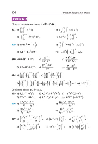 Розділ 1. Раціональні вирази
100
РІВЕНЬ Б
Обчисліть значення виразу (471–474).
471. а)
2
1
3
4 5;
2
−
⎛ ⎞
− ⋅
⎜ ⎟
⎝ ⎠
в)
2
3
1 2
2 35 2 ;
2 5
−
−
⎛ ⎞
⋅ + ⋅
⎜ ⎟
⎝ ⎠
б)
4
2 2
2
0,25 11 ;
3
−
⎛ ⎞
− + ⋅
⎜ ⎟
⎝ ⎠
г)
2
3 2 3
0,6 :1 .
3 4
−
− ⎛ ⎞
− ⎜ ⎟
⎝ ⎠
472. a) 2 5 2
1000 :0,1 ;
5
−
+ в) ( ) ( )
2
2 3
1
0,05 0,2 ;
2
− −
⎛ ⎞
⋅ + −
⎜ ⎟
⎝ ⎠
б) 1 0 1
0,1 1,1 :10 ;
− −
− г) ( )
2
3 1
0,8 : 1 2,8.
4
−
⎛ ⎞
− − +
⎜ ⎟
⎝ ⎠
473. а) 2 3
0,064 :0,16 ; в)
5
8 3
125
;
25 5−
⋅
ґ)
7 4
3 7
0,8 0,16
;
0,64 0,4
−
−
⋅
⋅
б) 3 10
0,0081 0,3 ;
−
⋅ г)
( )
2
6 2
10
6 36
;
6
−
⋅
д)
4 3
5 12
9 27
.
100 10
−
−
⋅
⋅
474. а)
2 2 7
1 1 1
: ;
2 4 2
− −
⎛ ⎞ ⎛ ⎞ ⎛ ⎞
⋅
⎜ ⎟ ⎜ ⎟ ⎜ ⎟
⎝ ⎠ ⎝ ⎠ ⎝ ⎠
в)
1
5 0
2 32 3
;
3 81 3
−
−
⎛ ⎞
⎛ ⎞
⋅ −
⎜ ⎟ ⎜ ⎟
⎝ ⎠ ⎝ ⎠
б)
5
2 9
2 2 2
: : ;
3 3 3
− −
⎛ ⎞
⎛ ⎞ ⎛ ⎞
⎜ ⎟
⎜ ⎟ ⎜ ⎟
⎝ ⎠ ⎝ ⎠
⎝ ⎠
г)
2 1
1 1 6 8
: 1 ;
2 3 7 17
− −
⎛ ⎞ ⎛ ⎞
+ −
⎜ ⎟ ⎜ ⎟
⎝ ⎠ ⎝ ⎠
ґ)
1
2 2
4
4 0,2:5 .
5
−
− −
⎛ ⎞
+ +
⎜ ⎟
⎝ ⎠
Спростіть вираз (475–477).
475. а) 3 2 3
0,2 5 ;
−
⋅
x x y в) 5 2 3 1
0,2 5 ;
− − −
⋅
c x c x ґ) 3 3 5 1
8 0,25 ;
− −
⋅
a b a b
б) 3 1 2
3 81 ;
− −
⋅
a x a x г) 6 2 7 2
0,5 4 ;
− −
⋅
x y x y д) ( )
6 2 2 5
9 : 3 .
− −
−
a b a b
476. а)
1 2 6
4
27 5
;
10 9
−
−
⋅
x y x
y
в)
4 6 6 6
7 3
16 8
: ;
3
−
−
a b b c
c a
б)
2 9
7 2
12 14
;
7 3 −
⋅
x y
y x
г)
8 7 4
3 2 2
3
: .
4 12
−
− −
x x y
y z z
477. а)
3 2
2 3 3 5
: ;
6 9
− −
− −
⎛ ⎞ ⎛ ⎞
⎜ ⎟ ⎜ ⎟
⎝ ⎠ ⎝ ⎠
x y x y
z z
в) ( )
6
2
2 3
2 ;
6
− ⎛ ⎞
⋅⎜ ⎟
⎝ ⎠
a
a x ґ)
3
2 2
3 2
3
: ;
9
a a
c c
−
−
−
⎛ ⎞
⎜ ⎟
⎝ ⎠
б)
3
3 4
2 3
10
;
5
−
−
−
⎛ ⎞ ⎛ ⎞
⋅⎜ ⎟
⎜ ⎟ ⎝ ⎠
⎝ ⎠
a b
a b
г)
1
7 1
4 ;
5
−
− ⎛ ⎞
⋅⎜ ⎟
⎝ ⎠
ac
a c д) ( )
1
2
1
2
: .
2
−
− ⎛ ⎞
⎜ ⎟
⎝ ⎠
y
x y
x
 