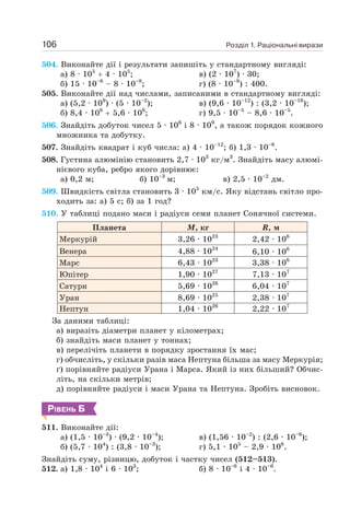 Розділ 1. Раціональні вирази
106
504. Виконайте дії і результати запишіть у стандартному вигляді:
а) 8 · 105
+ 4 · 105
; в) (2 · 107
) · 30;
б) 15 · 10–8
– 8 · 10–8
; г) (8 · 10–9
) : 400.
505. Виконайте дії над числами, записаними в стандартному вигляді:
а) (5,2 · 109
) · (5 · 10–2
); в) (9,6 · 10–12
) : (3,2 · 10–16
);
б) 8,4 · 106
+ 5,6 · 106
; г) 9,5 · 10–5
– 8,6 · 10–5
.
506. Знайдіть добуток чисел 5 · 106
і 8 · 109
, а також порядок кожного
множника та добутку.
507. Знайдіть квадрат і куб числа: а) 4 · 10–12
; б) 1,3 · 10–6
.
508. Густина алюмінію становить 2,7 · 103
кг/м3
. Знайдіть масу алюмі-
нієвого куба, ребро якого дорівнює:
а) 0,2 м; б) 10–3
м; в) 2,5 · 10–2
дм.
509. Швидкість світла становить 3 · 105
км/с. Яку відстань світло про-
ходить за: а) 5 с; б) за 1 год?
510. У таблиці подано маси і радіуси семи планет Сонячної системи.
Планета М, кг R, м
Меркурій 3,26 · 1023
2,42 · 106
Венера 4,88 · 1024
6,10 · 106
Марс 6,43 · 1023
3,38 · 106
Юпітер 1,90 · 1027
7,13 · 107
Сатурн 5,69 · 1026
6,04 · 107
Уран 8,69 · 1025
2,38 · 107
Нептун 1,04 · 1026
2,22 · 107
За даними таблиці:
а) виразіть діаметри планет у кілометрах;
б) знайдіть маси планет у тоннах;
в) перелічіть планети в порядку зростання їх мас;
г) обчисліть, у скільки разів маса Нептуна більша за масу Меркурія;
ґ) порівняйте радіуси Урана і Марса. Який із них більший? Обчис-
літь, на скільки метрів;
д) порівняйте радіуси і маси Урана та Нептуна. Зробіть висновок.
РІВЕНЬ Б
511. Виконайте дії:
а) (1,5 · 10–3
) · (9,2 · 10–4
); в) (1,56 · 10–2
) : (2,6 · 10–6
);
б) (5,7 · 104
) : (3,8 · 10–3
); г) 5,1 · 105
– 2,9 · 106
.
Знайдіть суму, різницю, добуток і частку чисел (512–513).
512. а) 1,8 · 104
і 6 · 103
; б) 8 · 10–6
і 4 · 10–6
.
 