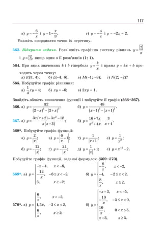 117
в)
6
= −
y
x
і 1 ;
3
= −
x
y г)
4
= −
y
x
і у = −2х − 2.
Укажіть координати точок їх перетину.
563. Відкрита задача. Розв’яжіть графічно систему рівнянь
?
y
x
=
і ?,
y = якщо один з її розв’язків (1; 1).
564. При яких значеннях k і b гіпербола =
k
y
x
і пряма у = kx + b про-
ходять через точку:
а) К(3; 4); б) L(−4; 6); в) М(−1; −8); г) N(2; −2)?
565. Побудуйте графік рівняння:
а)
1
4;
4
=
xy б) 6;
= −
xy в) 2ху = 1.
Знайдіть область визначення функції і побудуйте її графік (566–567).
566. а)
( ) ( )
2 2
32
;
2 2
=
− − +
y
x x
б)
( ) ( )
2 2
48
.
1 1
=
− − +
y
x x
567. а)
( )
( )
2
3 2 3 18
;
3
+ − −
=
−
x x x
y
x x
б) 2
16 7 3
.
4
4
+
= −
+
+
x
y
x
x x
568*. Побудуйте графік функції:
а)
2
;
=
y
x
в) y
x
= −
6
1; ґ) y
x
=
+
1
;
1
е) 2
1
;
=
y
x
б)
12
;
= −
y
x
г)
24
;
y
x
= − д)
1
1;
= +
y
x
є) 2
2.
−
= −
y x
Побудуйте графік функції, заданої формулою (569–570).
569*. а)
4, 6,
12
, 6 2,
6, 2;
− −  −
⎧
⎪
⎪
= − − ≤  −
⎨
⎪
≥ −
⎪
⎩
x x
y x
x
x
б)
8
, 2,
4, 2 2,
8
, 2.
⎧
−  −
⎪
⎪
= − − ≤ 
⎨
⎪
⎪ ≥
⎩
x
x
y x
x
x
570*. а)
6
, 2,
1,5 , 2 2,
6
, 2;
⎧
 −
⎪
⎪
= − ≤ 
⎨
⎪
⎪ ≥
⎩
x
x
y x x
x
x
б)
3, 5,
10
, 5 0,
10
, 0 5,
3, 5.
− −  −
⎧
⎪
⎪− − ≤ 
⎪
= ⎨
⎪  ≤
⎪
⎪ − ≥
⎩
x x
x
x
y
x
x
x x
 