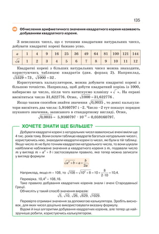 135
Обчислення арифметичного значення квадратного кореня називають
добуванням квадратного кореня.
З невеликих чисел, що є точними квадратами натуральних чисел,
добувати квадратні корені бажано усно.
a 1 4 9 16 25 36 49 64 81 100 121 144
a 1 2 3 4 5 6 7 8 9 10 11 12
Квадратні корені з більших натуральних чисел можна знаходити,
користуючись таблицею квадратів (див. форзац 2). Наприклад,
5329 73
= , 1000 32
≈ .
Користуючись калькулятором, можна добувати квадратні корені з
більшою точністю. Наприклад, щоб добути квадратний корінь із 1000,
набираємо це число, після чого натискуємо клавішу « ». На екрані
висвітиться число 31,622776. Отже, 1000 31,622776
≈ .
Якщо таким способом знайти значення 0,0035 , то деякі калькуля-
тори висвітять два числа: 5,9160797 і –2. Число –2 тут показує порядок
шуканого значення, записаного в стандартному вигляді. Отже,
0,0035 ≈ 5,9160797 · 10–2
= 0,059160797.
ХОЧЕТЕ ЗНАТИ ЩЕ БІЛЬШЕ?
Добувати квадратні корені з натуральних чисел вавилонські вчені вміли ще
4 тис. років тому. Вони склали таблицю квадратів багатьох натуральних чисел і,
користуючись нею, знаходили квадратні корені із чисел, які були в тій таблиці.
Якщо число m не було точним квадратом натурального числа, то вони шукали
найближче наближене значення а квадратного кореня з m, подавали число
m у вигляді m = а2
+ b і застосовували правило, яке тепер можна записати
у вигляді формули
2
.
2
b
a b a
a
+ = +
Наприклад, якщо m = 108, то 2 8
108 10 8 10 10,4.
2 10
= + = + =
⋅
Перевірка. 10,42
= 108,16.
Таке правило добування квадратних коренів знали і вчені Стародавньої
Греції.
Обчисліть у такий спосіб значення виразів:
5, 10, 26, 629, 1029.
Перевірте отримані значення за допомогою калькулятора. Зробіть висно-
вок, для яких чисел доцільно використовувати вказану формулу.
Відомі й інші алгоритми добування квадратних коренів, але тепер це най-
зручніше робити, користуючись калькулятором.
 