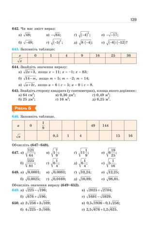 139
642. Чи має зміст вираз:
а) 48; в) 64;
− ґ) ( )3
4 ;
− е) 17;
− −
б) 49;
− г) ( )2
5 ;
− д) ( )
8 4 ;
⋅ − є) ( ) ( )
6 12 ?
− ⋅ −
643. Заповніть таблицю:
x 0 1 4 9 16 25 36
x
644. Знайдіть значення виразу:
а) 2 3,
+
x якщо х = 11; х = –1; х = 83;
б) 14 ,
−m якщо m = 5; m = –2; m = 14;
в) 2 ,
+
a c якщо а = 6 і с = 5; а = 0 і с = 8.
645. Знайдіть сторону квадрата (у сантиметрах), площа якого дорівнює:
а) 64 см2
; в) 0,36 дм2
; ґ) 0,49 м2
;
б) 25 дм2
; г) 16 м2
; д) 6,25 м2
.
РІВЕНЬ Б
646. Заповніть таблицю.
а 0
1
9
49 144
a 0,5 1 4 15 16
Обчисліть (647–648).
647. а)
121
;
64
в)
7
1 ;
9
ґ)
1
11 ;
9
е)
19
6 ;
25
б)
225
;
81
г)
1
6 ;
4
д)
1
6 ;
4
є)
1
5 .
16
648. а) 0,0001; в) 0,0081; ґ) 10,24; е) 12,25;
б) 0,0025; г) 0,0169; д) 10,89; є) 98,01.
Обчисліть значення виразу (649–652).
649. а) 225 196;
− в) 2025 2704;
+
б) 676 196;
+ г) 1681 5929.
−
650. а) 2 256 3 169;
+ в) 0,5 1936 0,1 256;
−
б) 4 225 3 169;
− г) 2,5 676 1,2 625.
+
 