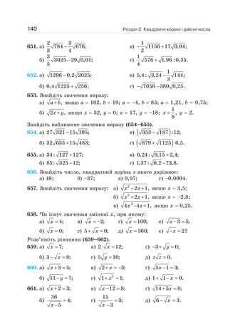 Розділ 2. Квадратні корені і дійсні числа
140
651. а)
2 3
784 676;
3 4
− в)
1
1156 17 0,04;
2
− +
б)
3
3025 29 0,01;
5
− г)
1
576 1,96 :0,35.
4
+
652. а) 1296 0,2 2025;
− в)
1
5,4: 3,24 144;
3
−
б) 0,4 1225 256;
+ г) 7056 380 0,25.
− −
653. Знайдіть значення виразу:
а) ,
+
a b якщо а = 102, b = 19; а = –4, b = 85; а = 1,21, b = 0,75;
б) 2 ,
+
x y якщо х = 32, у = 0; x = 17, y = –18;
1
,
8
=
x y = 2.
Знайдіть наближене значення виразу (654–655).
654. а) 27 321 15 105;
− в) ( )
353 187 :12;
−
б) 32 635 15 483;
+ г) ( )
879 1125 0,5.
+ ⋅
655. а) 34: 127 127;
+ в) 0,24: 0,15 2,4;
+
б) 85: 325 12;
− г) 1,37: 0,2 73,8.
−
656. Знайдіть число, квадратний корінь з якого дорівнює:
а) 48; б) –37; в) 0,07; г) –0,0004.
657. Знайдіть значення виразу: а) 2
2 1,
− +
x x якщо х = 3,5;
б) 2
2 1,
+ +
x x якщо х = –2,8;
в) 2
4 4 1,
− +
x x якщо х = 0,25.
658. Чи існує значення змінної х, при якому:
а) 4;
=
x в) 2;
= −
x ґ) 100;
=
x е) 3 5;
− =
x
б) 0;
=
x г) 5 0;
+ =
x д) 360;
=
x є) 2?
− =
x
Розв’яжіть рівняння (659–662).
659. а) 7;
=
x в) 2 12;
⋅ =
x ґ) 3 0;
− + =
y
б) 3 0;
− =
x г) 5 10;
=
y д) 0.
=
z z
660. а) 3 5;
+ =
x в) 2 3;
+ = −
x ґ) 5 1 3;
− =
x
б) 11 7;
− =
y г) 2
1 1;
+ =
x д) 1 1 0.
+ − =
x
661. а) 2 3;
+ =
x в) 12 8;
− =
x ґ) 14 5 8;
+ =
x
б)
36
4;
5
=
−
x
г)
15
3;
3
=
−
x
д) 6 3.
− =
x
 