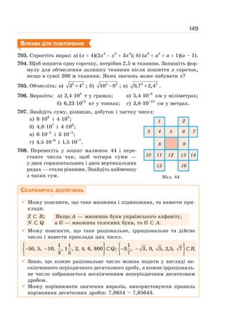 149
ВПРАВИ ДЛЯ ПОВТОРЕННЯ
703. Спростіть вираз: а) (х + 4)(2х4
− х3
+ 3х2
); б) (а3
+ а2
+ а + 1)(а – 1).
704. Щоб пошити одну сорочку, потрібно 2,5 м тканини. Запишіть фор-
мулу для обчислення залишку тканини після пошиття х сорочок,
якщо в сувої 200 м тканини. Яких значень може набувати х?
705. Обчисліть: а) 2 2
3 4
+ ; б) 2 2
10 8
− ; в) 2 2
0,7 2,4
+ .
706. Виразіть: а) 3
2,4 10
⋅ т у грамах; в) 6
5,4 10−
⋅ км у міліметрах;
б) 12
6,23 10
⋅ кг у тоннах; г) 10
3,8 10−
⋅ см у метрах.
707. Знайдіть суму, різницю, добуток і частку чисел:
а) 9
8 10
⋅ і 9
4 10 ;
⋅
б) 7
4,8 10
⋅ і 6
4 10 ;
⋅
в) 5
6 10−
⋅ і 5
3 10 ;
−
⋅
г) 6
4,5 10−
⋅ і 7
1,5 10 .
−
⋅
708. Перенесіть у зошит малюнок 44 і пере-
ставте числа так, щоб чотири суми —
у двох горизонтальних і двох вертикальних
рядах — стали рівними. Знайдіть найменшу
з таких сум.
СКАРБНИЧКА ДОСЯГНЕНЬ
9 Можу пояснити, що таке множина і підмножина, та навести при-
клади.
Z ⊂ R; Якщо А — множина букв українського алфавіту,
N ⊂ Q а G — множина голосних букв, то G ⊂ А.
9 Можу пояснити, що таке раціональне, ірраціональне та дійсне
число і навести приклади цих чисел.
1 1
50, 5, 10, , 1 , 2, 4, 6, 800
3 5
⎧ ⎫
− −
⎨ ⎬
⎩ ⎭
⊂Q;
1
3 , 3, 0, 5, 2,5, 7
7
⎧ ⎫
− −
⎨ ⎬
⎩ ⎭
⊂R.
9 Знаю, що кожне раціональне число можна подати у вигляді не-
скінченного періодичного десяткового дробу, а кожне ірраціональ-
не число зображається нескінченним неперіодичним десятковим
дробом.
9 Можу порівнювати значення виразів, використовуючи правила
порівняння десяткових дробів: 7,8654  7,85643.
Мал. 44
 