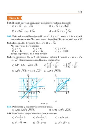 173
РІВЕНЬ Б
849. В одній системі координат побудуйте графіки функцій:
а) =
y x і ;
= −
y x в) =
y x і 2 ;
=
y x
б) 2
=
y x і 2 ;
= −
y x г) 2
=
y x і
1
.
2
=
y x
850. Побудуйте графіки функцій =
y x і 2
,
=
y x якщо х ≥ 0, в одній
системі координат. Чи симетричні ці графіки? Відносно якої прямої?
851. Дано графік функції: 1) у = х2
; 2) .
=
y x
Чи перетинає його пряма:
а) y = 1; в) у = 4; ґ) у = 100;
б) y = –1; г) у = –4; д) у = –100?
Якщо перетинає, то в якій точці?
852. На малюнку 53, а, б побудовано графіки функцій у = х; у = х2
,
.
=
y x Користуючись графіками, порівняйте:
а) 0,72
і 0,7; в) 2 і 2; ґ)
2
4
5
⎛ ⎞
⎜ ⎟
⎝ ⎠
і
4
;
5
е)
2
5
3
⎛ ⎞
⎜ ⎟
⎝ ⎠
і
5
.
3
б) 0,22
і 0,2; г) 1,3 і 1,3; д) 0,26 і 0,26;
а б
Мал. 53
853. Розмістіть у порядку зростання числа:
а) 0,32; 0,322
; 0,32; б) 1,74; 1,742
; 1,74.
854. Розв’яжіть графічним способом рівняння:
а)
1
0;
+ =
x
x
в)
1
0;
− =
x
x
ґ) 6;
+ =
x x
б) 2
0;
− =
x x г) 2 ;
+ =
x x д) 2
0.
+ =
x x
 