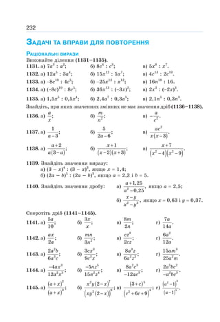 232
ЗАДАЧІ ТА ВПРАВИ ДЛЯ ПОВТОРЕННЯ
РАЦІОНАЛЬНІ ВИРАЗИ
Виконайте ділення (1131–1135).
1131. а) 7а3
: а2
; б) 8с4
: с3
; в) 5х8
: х7
.
1132. а) 12а5
: 3а4
; б) 15х12
: 5х7
; в) 4с13
: 2с10
.
1133. а) −8с10
: 4с5
; б) −25х12
: х12
; в) 16n18
: 16.
1134. а) (−8с)10
: 8с5
; б) 36х13
: (−3х)2
; в) 2х3
: (−2x)3
.
1135. а) 1,5х5
: 0,5х4
; б) 2,4а7
: 0,3а5
; в) 2,1n5
: 0,3n3
.
Знайдіть, при яких значеннях змінних не має значення дріб (1136–1138).
1136. а) ;
a
x
б) 2
;
m
n
в) 2
.
−
a
c
1137. а)
1
;
3
−
a
б)
5
;
2 6
−
a
в)
( )
2
.
3
−
ac
x x
1138. а)
( )
2
;
3
+
−
a
a a
б)
( )( )
1
;
2 3
+
− +
x
x x
в)
( )( )
2 2
7
.
4 9
+
− −
x
x x
1139. Знайдіть значення виразу:
а) (3 – х)4
: (3 – х)3
, якщо х = 1,4;
б) (2а – b)5
: (2а – b)3
, якщо а = 2,3 і b = 5.
1140. Знайдіть значення дробу: а) 2
1,25
,
0,25
+
−
a
a
якщо а = 2,5;
б) 2 2
,
−
−
x y
x y
якщо х = 0,63 і у = 0,37.
Скоротіть дріб (1141–1145).
1141. а)
5
;
10
a
б)
3
;
x
x
в)
8
;
2
m
n
г)
7
.
14
a
a
1142. а) ;
2
ax
a
б) 2
;
3
mn
n
в)
2
;
2
cz
cz
г)
2
6
.
12
a
a
1143. а)
2
3
2
;
6
a b
a c
б)
3
2
3
;
9
cx
c x
в)
3
2 2
8
;
6
a z
a z
г)
3
2
15
.
25
am
a m
1144. а)
3
2 5
4
;
12
− ax
a x
б)
5
2 4
5
;
15
− nz
n z
в)
2 3
3
8
;
12
−
a c
ac
г)
5 2
2 3
2
.
−
a bc
a bc
1145. а)
( )
( )
2
3
;
+
+
a x
a x
б)
( )
( )
( )
7
2
6
2
2
;
2
x y x
xy x
−
−
в)
( )
( )
5
4
2
3
;
6 9
c
c c
+
+ +
г)
( )
( )
3
2
5
1
.
1
a
a
−
−
 