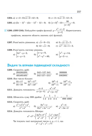 237
1204. а) 2 13 2 42 0;
+ − + + =
x x б) 3 4 3 12 0.
− + − − =
x x
1205. а) (2х – 1)4
– (2х – 1)2
– 12 = 0; б) ( )
( )
2
2
36
3 13 0.
3
+ − + =
+
x
x
1206. (ЗНО 216). Побудуйте графік функції
− −
=
+
x x
y
x
2
2
.
1
Користуючись
графіком, визначте область значень цієї функції.
1207. Розв’яжіть рівняння. а) 9 11;
+ =
x в) 3 2 7;
+ − =
x
б) − =
12 0;
x г) 2
2 1 3.
− + =
x x
1208. Розв’яжіть систему рівнянь.
а)
2
2 2,
1;
⎧ − =
⎨
− =
⎩
x y
x y
б) 2 2
8,
40;
+ =
⎧
⎨
+ =
⎩
x y
x y
в)
2
14,
2 .
⎧ − =
⎨
+ =
⎩
x y
y x
ЗАДАЧІ ТА ВПРАВИ ПІДВИЩЕНОЇ СКЛАДНОСТІ
1209. Скоротіть дріб:
а)
203203203
;
405405405
б)
342 127 341
;
342 127 215
+ ⋅
⋅ +
в)
999999
.
1002001
1210. Яке число більше:
а)
35 17
35 18
+
+
чи
3 3
3 3
35 17
;
35 18
+
+
б)
9
10
10 1
10 1
+
+
чи
10
11
10 1
?
10 1
+
+
1211. Доведіть тотожність:
( ) ( )
3 3
3
3
.
+ +
=
+ − + −
a b a b
a a b a a b
1212. Обчисліть суму 999 дробів:
1 1 1 1
.
1 2 2 3 3 4 999 1000
+ + +…+
⋅ ⋅ ⋅ ⋅
1213. Скоротіть дріб:
а)
4 2 2 4
3 3
;
+ +
+
x a x a
x a
б)
4
6 4 2
8
;
16 4
+
+ +
x x
x x x
в)
4
2
4
.
2 2
+
+ +
a
a a
1214. Доведіть тотожність Ейлера:
3 3
3 4 4
3 3
3 3 3 3
2 2
.
⎛ ⎞ ⎛ ⎞
+ +
+ + =
⎜ ⎟ ⎜ ⎟
− −
⎝ ⎠ ⎝ ⎠
a b b a ab
a b
a b a b
Чи існують такі натуральні числа х, у, z і t, що
х3
+ у3
+ z3
= t3
?
5
 