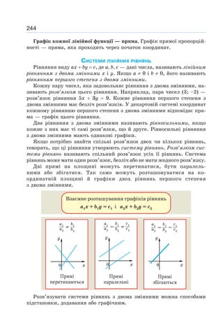 244
Графік кожної лінійної функції — пряма. Графік прямої пропорцій-
ності — пряма, яка проходить через початок координат.
СИСТЕМИ ЛІНІЙНИХ РІВНЯНЬ
Рівняння виду ах + bу = с, де а, b, с — дані числа, називають лінійним
рівнянням з двома змінними х і у. Якщо а ≠ 0 і b ≠ 0, його називають
рівнянням першого степеня з двома змінними.
Кожну пару чисел, яка задовольняє рівняння з двома змінними, на-
зивають розв’язком цього рівняння. Наприклад, пара чисел (3; –2) —
розв’язок рівняння 5х + 3у = 9. Кожне рівняння першого степеня з
двома змінними має безліч розв’язків. У декартовій системі координат
кожному рівнянню першого степеня з двома змінними відповідає пря-
ма — графік цього рівняння.
Два рівняння з двома змінними називають рівносильними, якщо
кожне з них має ті самі розв’язки, що й друге. Рівносильні рівняння
з двома змінними мають однакові графіки.
Якщо потрібно знайти спільні розв’язки двох чи кількох рівнянь,
говорять, що ці рівняння утворюють систему рівнянь. Розв’язком сис-
теми рівнянь називають спільний розв’язок усіх її рівнянь. Система
рівнянь може мати один розв’язок, безліч або не мати жодного розв’язку.
Дві прямі на площині можуть перетинатися, бути паралель-
ними або збігатися. Так само можуть розташовуватися на ко-
ординатній площині й графіки двох рівнянь першого степеня
з двома змінними.
Розв’язувати системи рівнянь з двома змінними можна способами
підстановки, додавання або графічним.
 