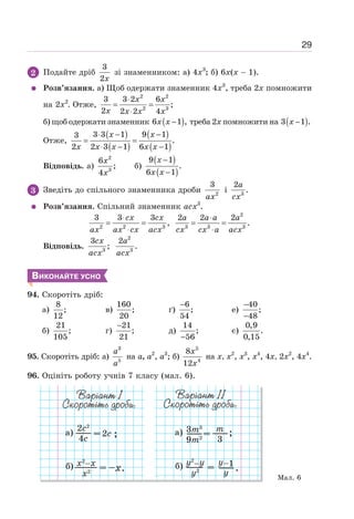 29
2 Подайте дріб
3
2x
зі знаменником: а) 4х3
; б) 6х(х − 1).
Розв’язання. а) Щоб одержати знаменник 4х3
, треба 2x помножити
на 2х2
. Отже,
2 2
2 3
3 3 2 6
;
2 2 2 4
⋅
= =
⋅
x x
x x x x
б) щоб одержати знаменник ( )
6 1 ,
−
x x треба 2х помножити на ( )
3 1 .
−
x
Отже,
( )
( )
( )
( )
3 3 1 9 1
3
.
2 2 3 1 6 1
⋅ − −
= =
⋅ − −
x x
x x x x x
Відповідь. а)
2
3
6
;
4
x
x
б)
( )
( )
9 1
.
6 1
−
−
x
x x
3 Зведіть до спільного знаменника дроби 2
3
ax
і 3
2
.
a
cx
Розв’язання. Спільний знаменник асх3
.
2 2 3
3 3 3
,
⋅
= =
⋅
cx cx
ax ax cx acx
2
3 3 3
2 2 2
.
⋅
= =
⋅
a a a a
cx cx a acx
Відповідь. 3
3
;
cx
acx
2
3
2
.
a
acx
ВИКОНАЙТЕ УСНО
94. Скоротіть дріб:
a)
8
;
12
в)
160
;
20
ґ)
6
;
54
−
е)
40
;
48
−
−
б)
21
;
105
г)
21
;
21
−
д)
14
;
56
−
є)
0,9
.
0,15
95. Скоротіть дріб: а)
3
5
a
a
на а, а2
, а3
; б)
5
4
8
12
x
x
на х, х2
, х3
, х4
, 4х, 2х2
, 4х4
.
96. Оцініть роботу учнів 7 класу (мал. 6).
Мал. 6
 