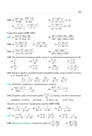 33
128. а)
( )
3
2
2
2
3 2
;
6 9 6 6
+
+
=
+ +
a a
a a
a a
в)
4 2
3 2
2 1
1;
1
− +
= +
− − +
a a
a
a a a
б)
( )
3 2 3
2 2
1 2
;
1
− − +
=
−
+ −
x x x x
x x
x x
г)
( )
( )
6 3
2
2
2
2 1
1 .
1
− +
= −
+ +
a a
a
a a
Спростіть вираз (129–131).
129. а)
3 2 3 2
;
2 2 3 3
+ + +
− + −
x xy y
y xy x
б)
2
2
6 15 8 20
.
12 9 16 12
+ − −
− − +
a ab ac bc
a ab ac bc
130. а)
( )( )
2
2 1
;
3 2
+ −
+ +
x x
x x
б)
2
2
2 18
;
2 15
−
+ −
a
a a
в)
2
2
4 3
.
2 3
− +
− −
x x
x x
131. а)
( ) ( )
( ) ( )
2 2
1 1
;
1 1
+ − +
+ − +
x y y x
x y y x
б)
3 3
2 2 3
3 81
.
2 6 18
−
+ +
p q
p q q p q
132. Чи зміниться значення дробу, якщо х і у одночасно помножити на 10:
а) ;
x
y
б)
5
;
x
y
в) ;
3
−
x y
x
г) ;
−
+
x y
x y
ґ) 2
;
+
x y
y
д) 2 2
10
;
+
x
x y
е)
5
;
5
−
+
x
y
є)
2 2
2 2
?
−
+
x y
x y
133. Який із дробів: а) найменший; б) найбільший, якщо кожне із чисел
а і с більше за 1:
2 2 3 3
; ; ; ; ; ?
1 1 2 1 2 1 3 1 3 1
− + + − + −
a a a a a a
c c c c c c
134. Відновіть втрачені у знаменниках записи:
а)
( )
( )
2 2
15 5
;
21 ... ...
−
=
− −
x y x x
x y
б)
( )
2 2
4
.
24... ...
− +
=
x y x y
x
135. Подайте дріб, тотожний дробу
3
+
x y
x
, за умови, що його знаменник
дорівнює: а) 9х2
у; б) 12ху2
; в) ( )
3 ;
−
x x y г) 6х2
–6ху.
Зведіть до спільного знаменника дроби (136–137).
136. а)
3
2
−
a
і
( )2
2
;
2− a
б)
5
3 4
−
x
і
7
;
4 3
− x
в)
4
3−
z
z
і
( )3
1
.
3
−
z
137. а)
( )
3
5
+
−
x
x x
і 2
;
25
−
x
x
б)
+
−
a b
a b
і
a
a b
+
−
2 2
2
; в) 3
2
8
+
−
a
a
і 2
1
.
2
−
a a
138. Відкрита задача. Скоротіть дріб: а)
2
3
2
;
?
m m
m
−
−
б)
3
2 2
8
.
?
y x y
x y
−
+
 