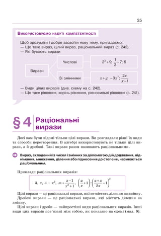 35
Щоб зрозуміти і добре засвоїти нову тему, пригадаємо:
— Що таке вираз, цілий вираз, раціональний вираз (с. 242).
— Які бувають вирази
— Види цілих виразів (див. схему на с. 242).
— Що таке рівняння, корінь рівняння, рівносильні рівняння (с. 241).
ВИКОРИСТОВУЄМО НАБУТІ КОМПЕТЕНТНОСТІ
Вирази
Числові 3 1
2 9; 7; 5
2
+ −
Зі змінними 7 2
; 3 ;
1
x
x y x
x
+ −
−
§4 Раціональні
вирази
Досі вам були відомі тільки цілі вирази. Ви розглядали різні їх види
та способи перетворення. В алгебрі використовують не тільки цілі ви-
рази, а й дробові. Такі вирази разом називають раціональними.
Вираз, складений із чисел і змінних за допомогою дій додавання, від-
німання, множення, ділення або піднесення до степеня, називається
раціональним.
Приклади раціональних виразів:
3, х, а – х2
, 2
1
,
1
−
+
+
x
m
x
a a x
x x
+
⎛ ⎞ ⎛ ⎞
+ −
⎜ ⎟ ⎜ ⎟
⎝ ⎠ ⎝ ⎠
2
1 : 1
2
Цілі вирази — це раціональні вирази, які не містять ділення на змінну.
Дробові вирази — це раціональні вирази, які містять ділення на
змінну.
Цілі вирази і дроби — найпростіші види раціональних виразів. Інші
види цих виразів пов’язані між собою, як показано на схемі (мал. 9).
 