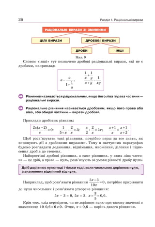 Розділ 1. Раціональні вирази
36
Мал. 9
Словом «інші» тут позначено дробові раціональні вирази, які не є
дробами, наприклад:
a x y
a
x y xy
a
+
− −
+
+
1 1
1
,
1
1
Рівняння називається раціональним, якщо його ліва і права частини —
раціональні вирази.
Раціональне рівняння називається дробовим, якщо його права або
ліва, або обидві частини — вирази дробові.
Приклади дробових рівнянь:
2 ( 2) 1 2 2 1 1
0; 3; 2 ; .
5 2 2
x x x x x
x
x x x x x x
− + +
= − = + = =
+ +
Щоб розв’язувати такі рівняння, потрібно перш за все знати, як
виконують дії з дробовими виразами. Тому в наступних параграфах
будемо розглядати додавання, віднімання, множення, ділення і підне-
сення дробів до степеня.
Найпростіші дробові рівняння, а саме рівняння, у яких ліва части-
на — це дріб, а права — нуль, розв’язують за умови рівності дробу нулю.
Дріб дорівнює нулю тоді і тільки тоді, коли чисельник дорівнює нулю,
а знаменник відмінний від нуля.
Наприклад, щоб розв’язати рівняння
5 3
0
10
−
=
x
x
, потрібно прирівняти
до нуля чисельник і розв’язати утворене рівняння:
5х – 3 = 0, 5х = 3,
3
0,6.
5
x = =
Крім того, слід перевірити, чи не дорівнює нулю при такому значенні х
знаменник: 10 0,6 6 0.
⋅ = ≠ Отже, х = 0,6 — корінь даного рівняння.
 